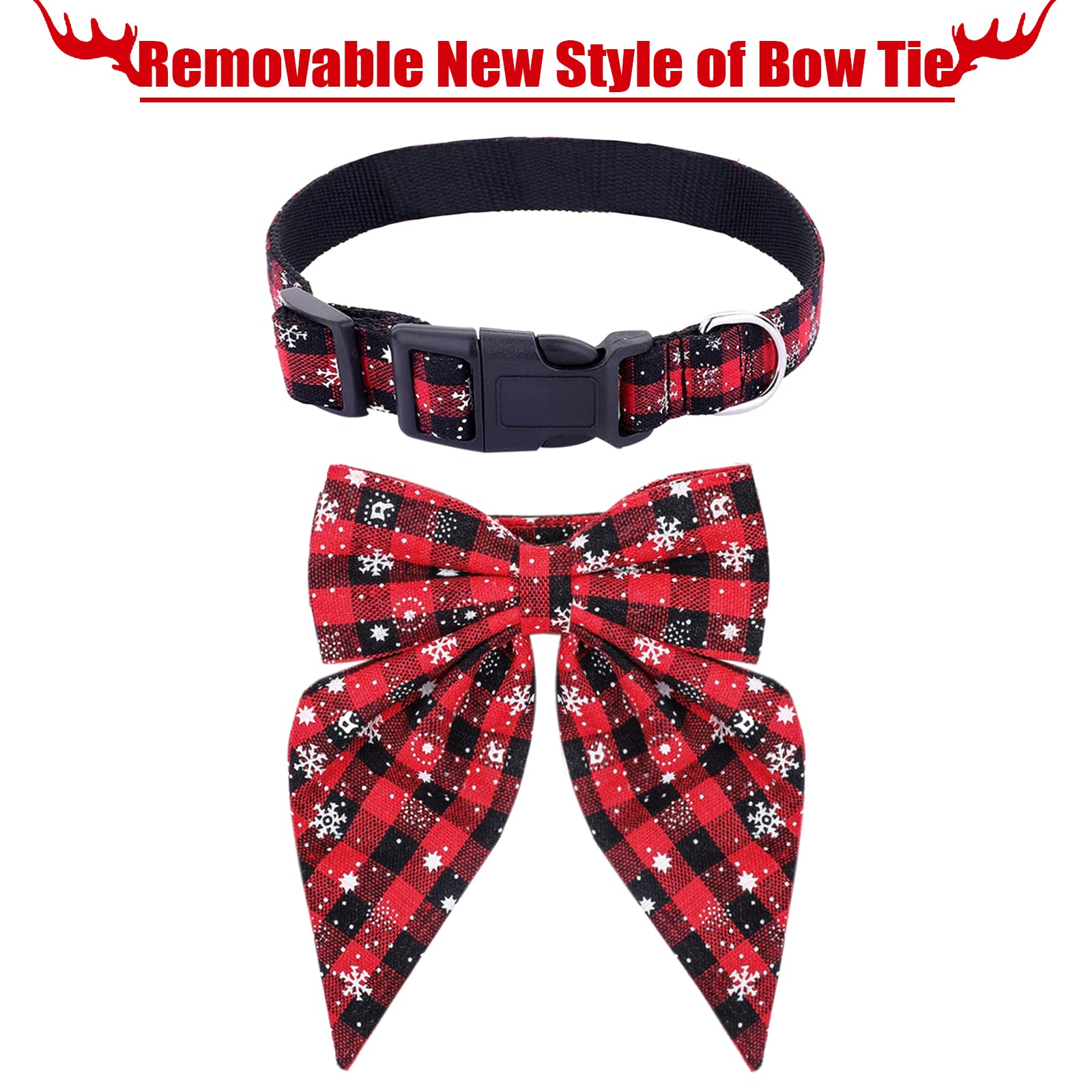 Malier Christmas Dog Collar With Bow Tie, Classic Buffalo Plaid Dog Christmas Collars With Durable Buckle Holiday Dog Collar For Small Medium Large Dogs Puppy (Snowflake Red & Black Plaid, Large)