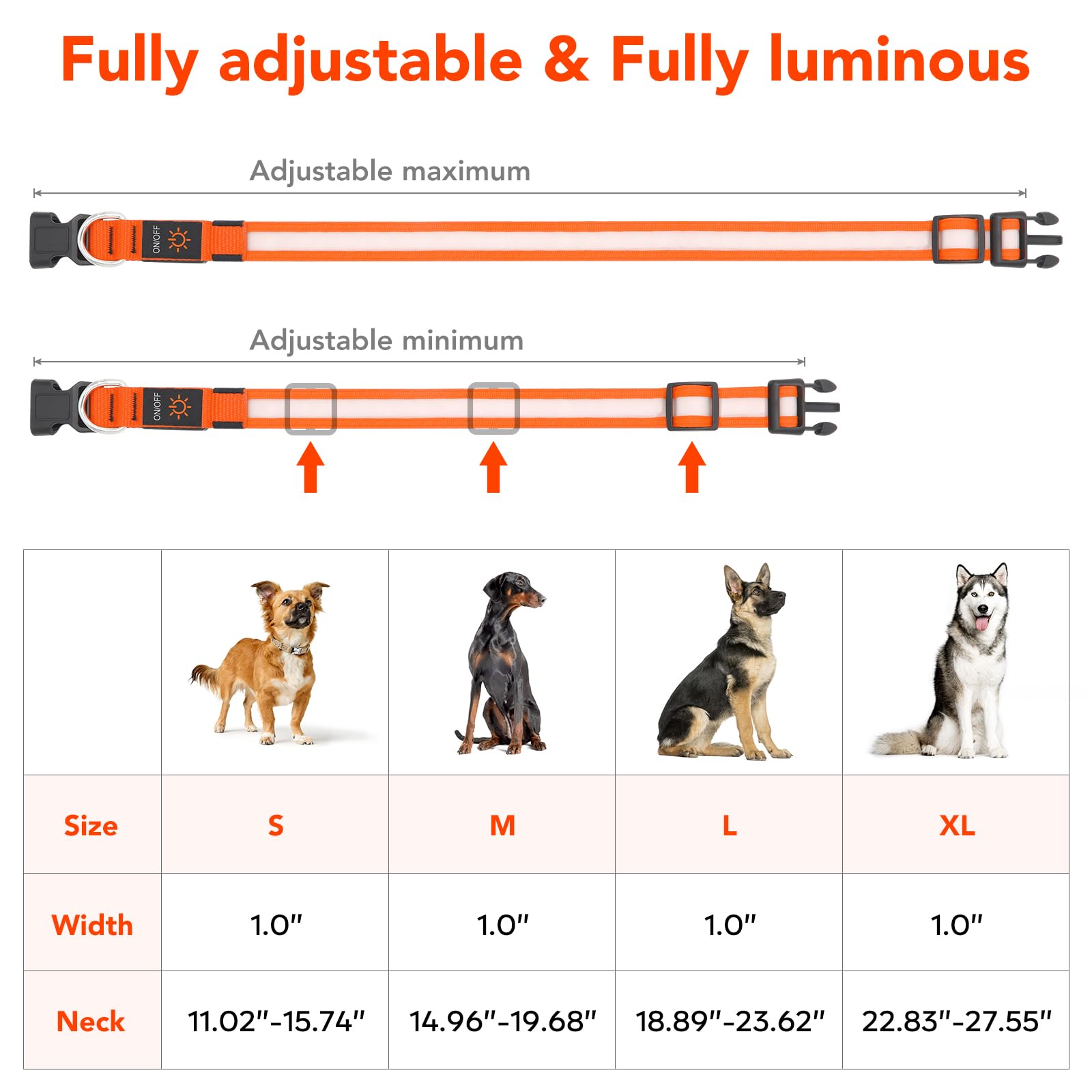 Vizpet Led Dog Collar, Light Up Dog Collar Adjustable Usb Rechargeable Super Bright Safety Light Glowing Collars For Dogs(Large,Orange)