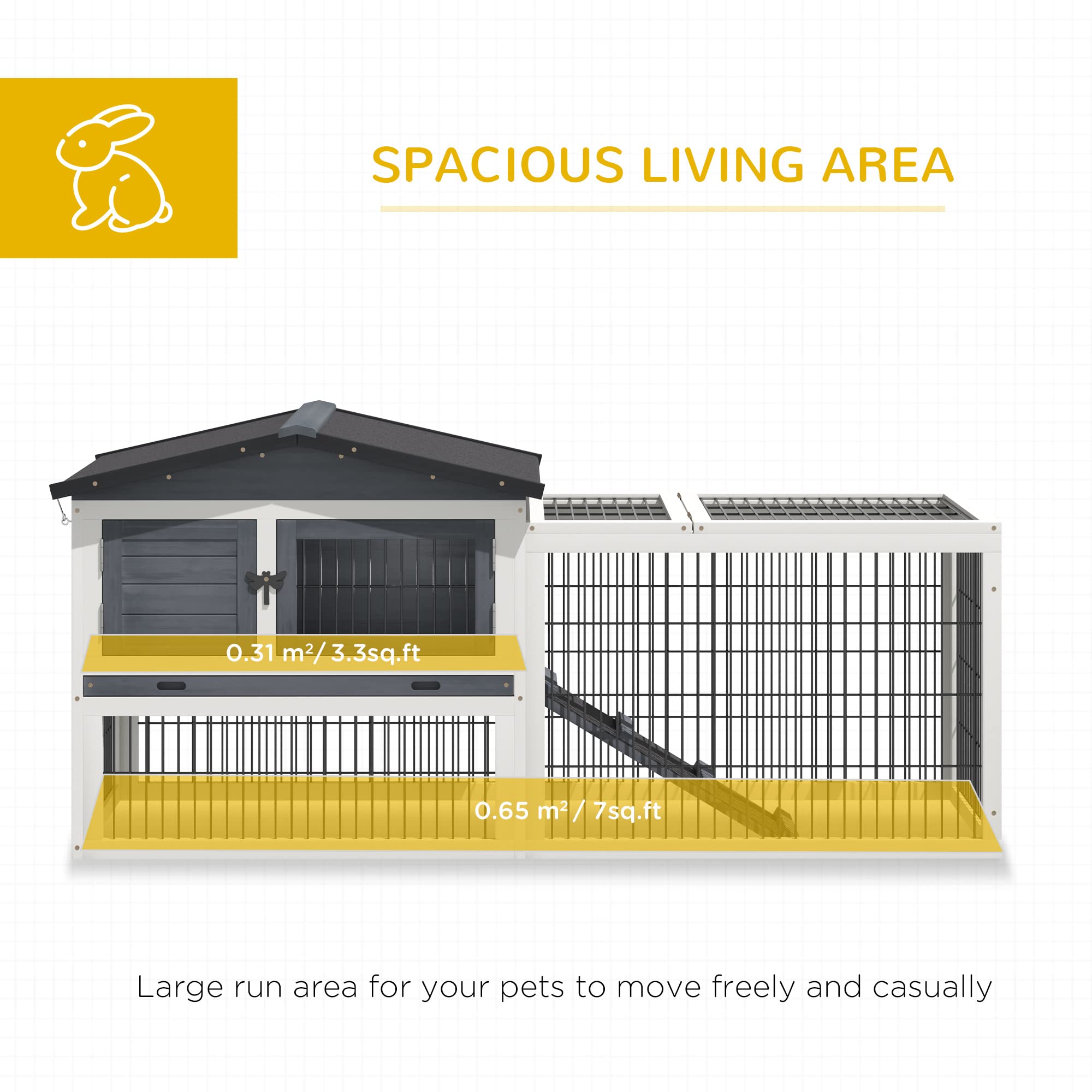 Pawhut 2 Levels Outdoor Rabbit Hutch With Openable Top, 59' Wooden Large Rabbit Cage With Run Weatherproof Roof, Removable Tray, Ramp, Dark Gray