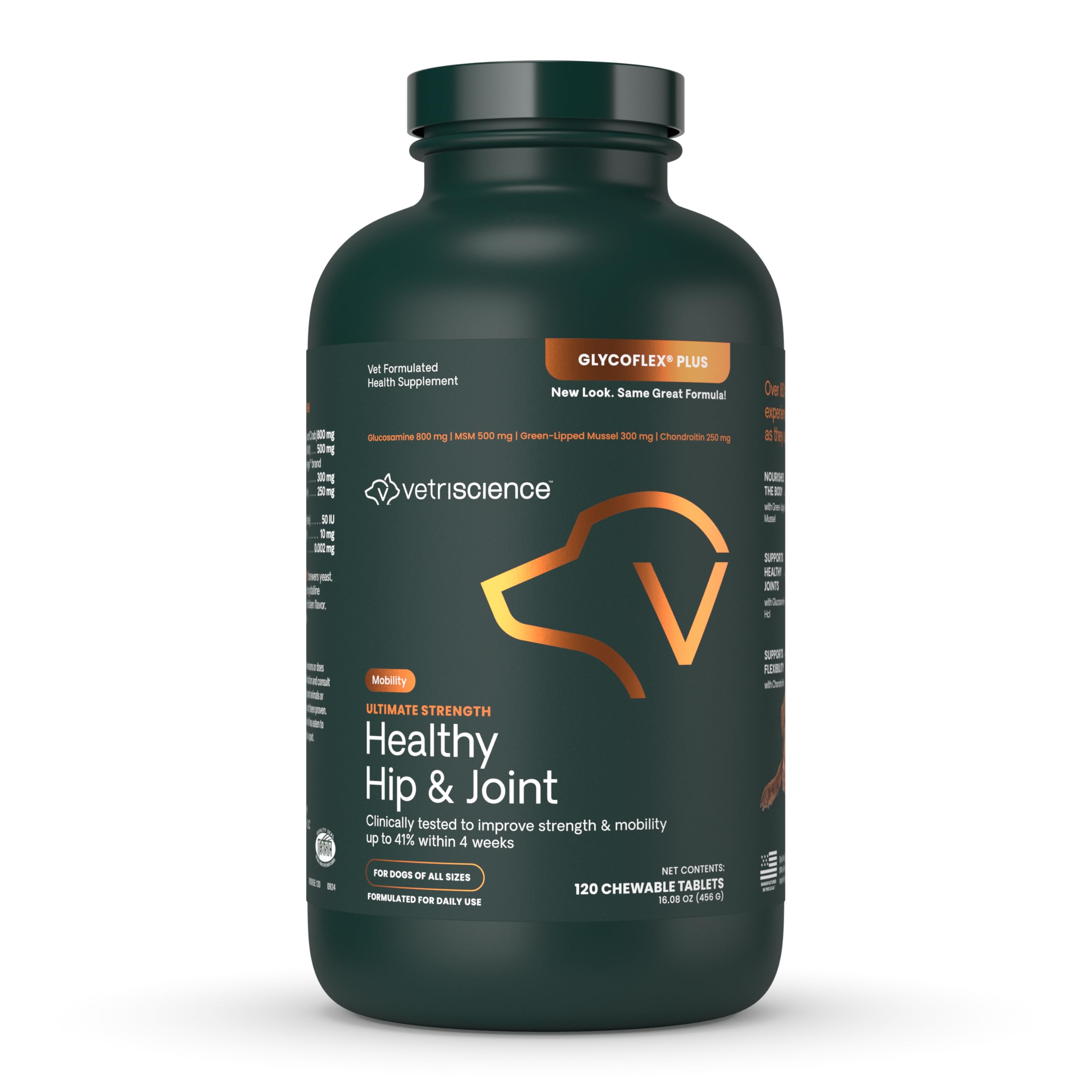 VetriScience Ultimate Strength Healthy Hip & Joint Tablets, GlycoFlex Glucosamine, Chondroitin & Green-Lipped Mussel Joint Suppo