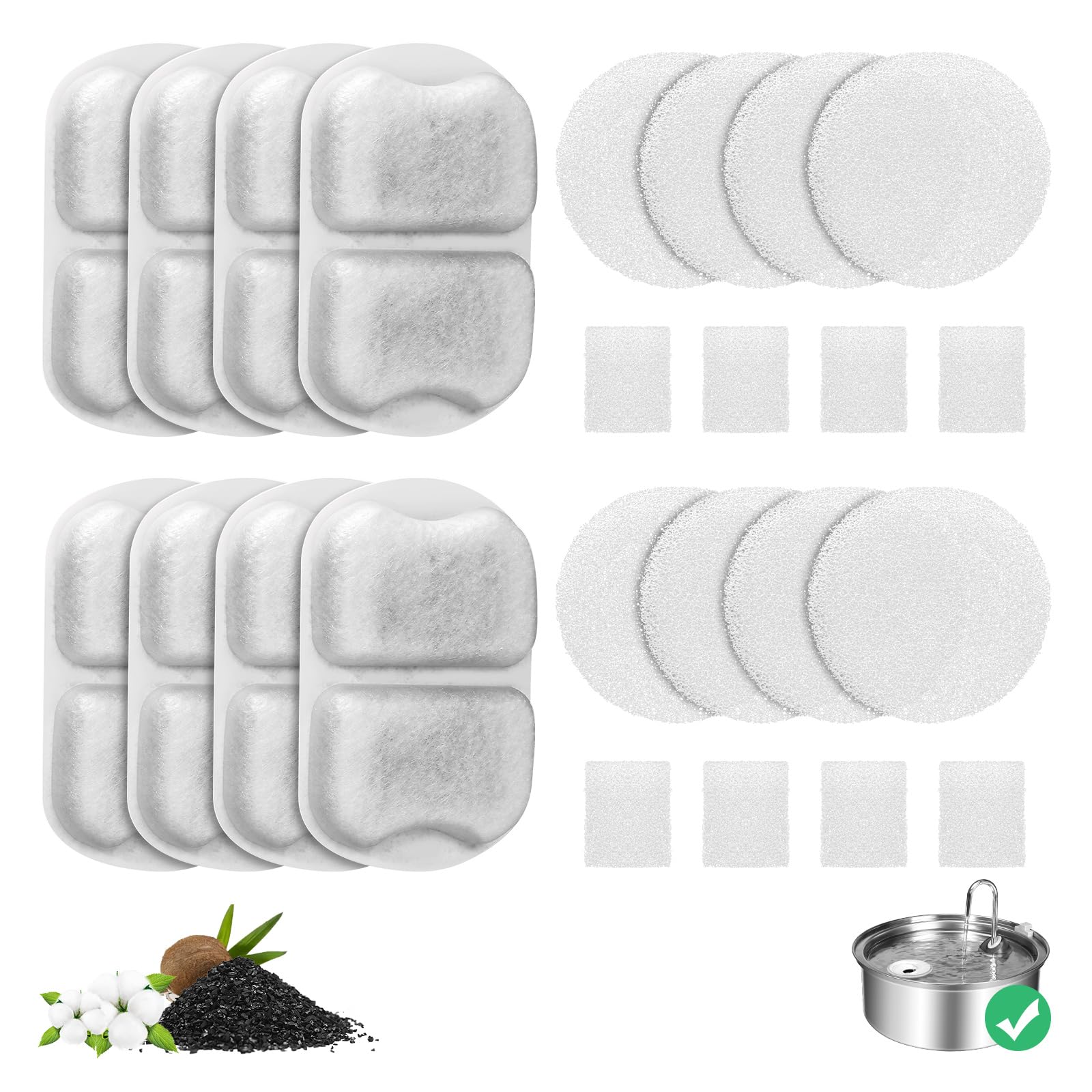 8-Pack Cat Fountain Filter For 7L/230Oz/1.8G Stainless Steel Dog Dispenser, 8 Sets Of Dog Water Fountain Replacement Filter/Foam