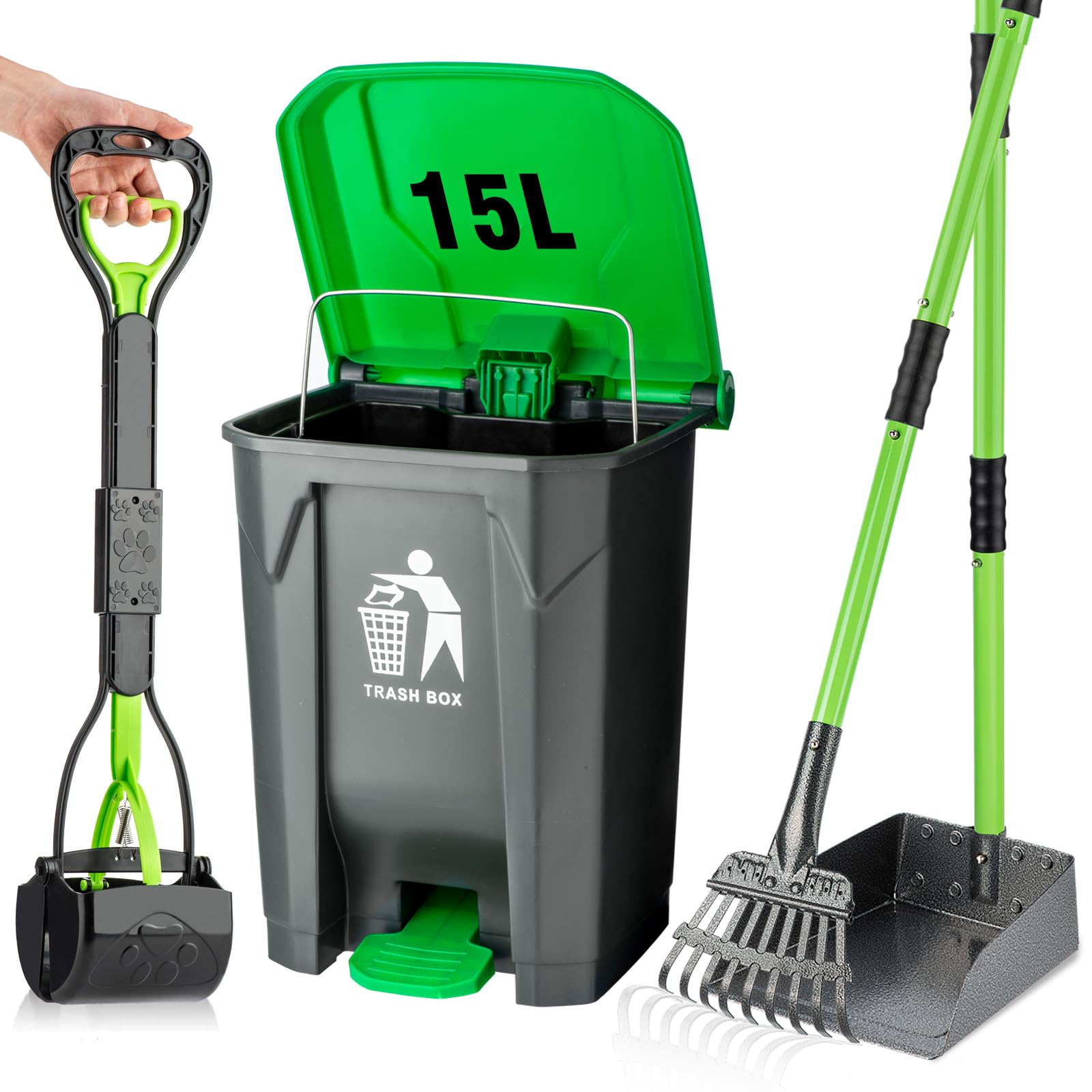 MXF Pooper Scooper Set - 28'' Dog Pooper Scooper & Long Handle Stainless Metal Tray&Rake, 15 Litre Step Dog Poop Trash Can w/Rem