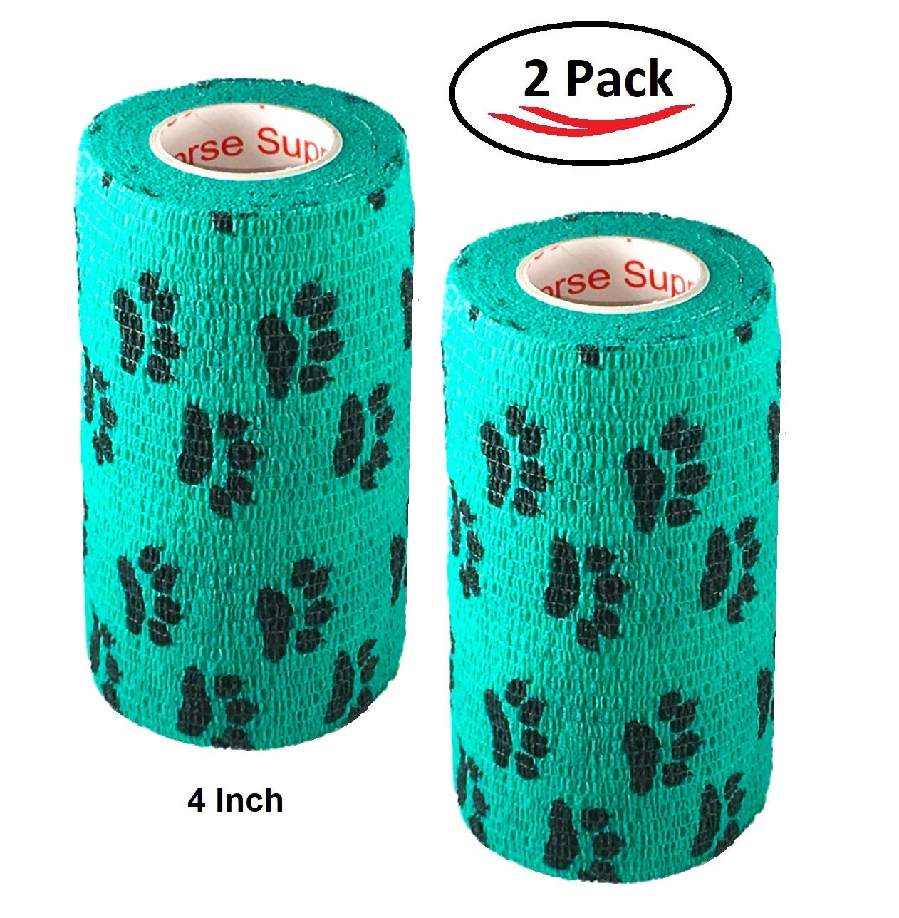 Vet Wrap Wrap Tape (Teal with Paws) (2 Pack) (4 Inch x 15 feet) Self Adhesive Adherent Adhering Cohesive Flex Self Stick Bandage
