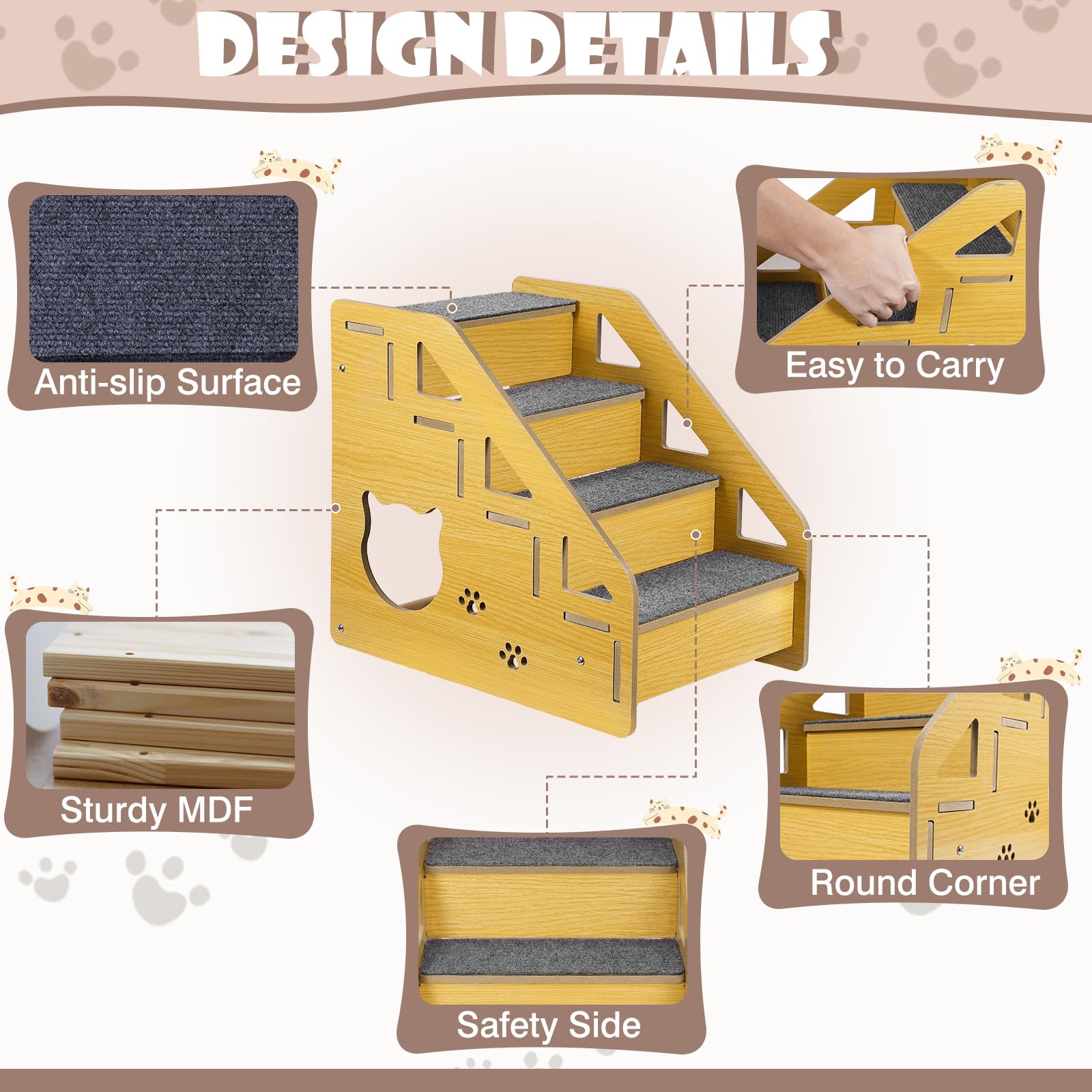 Anjisuny Dog Stairs For Small Dogs, 4-Step Dog Steps For Beds Or Couches, Wood Pet Stairs For Small Pets, 15' H Cat Stairs For