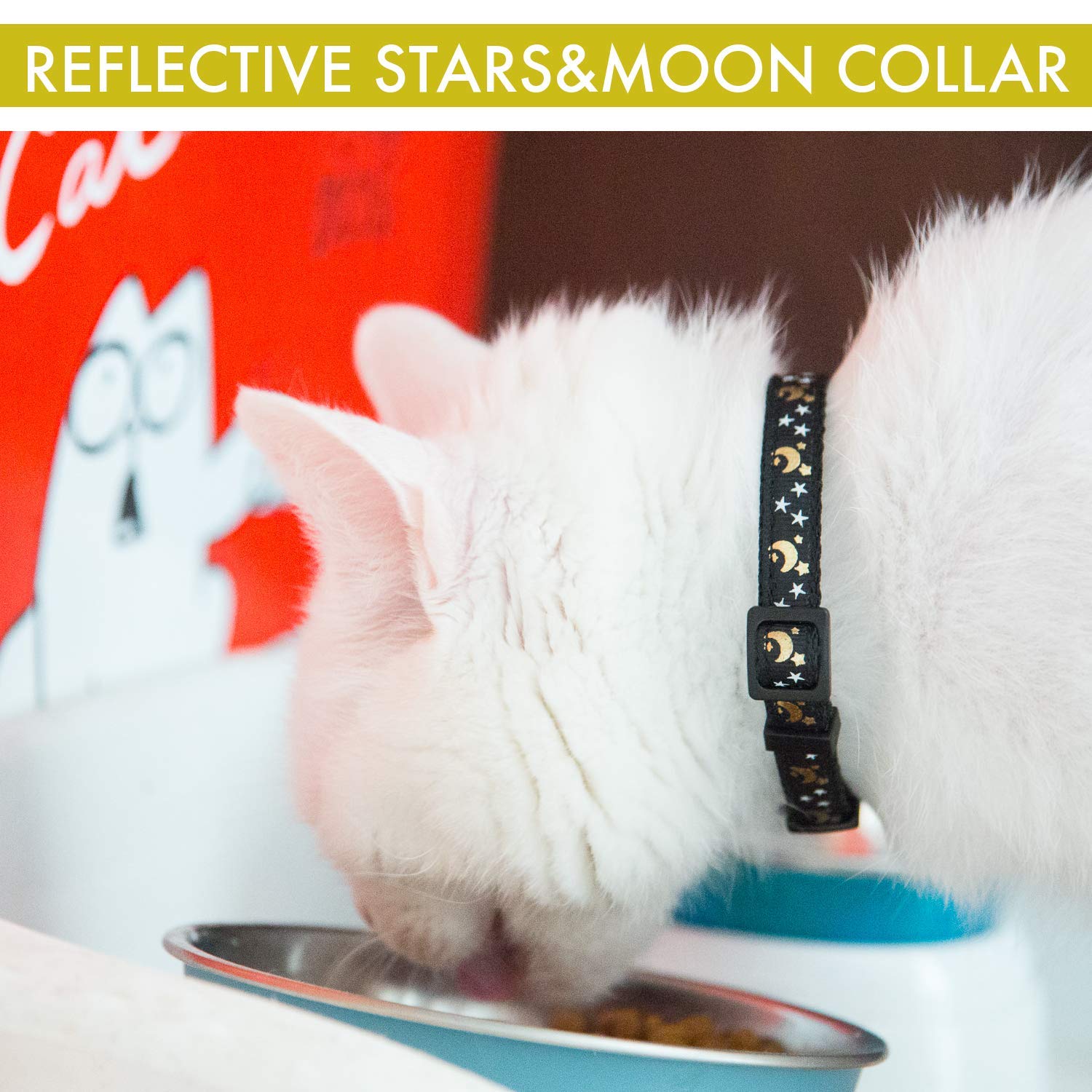 Cat Collar Stars And Moon, 4-Pack, Reflective With Bell, Solid & Safe Collars For Cats, Nylon, Kitty Collars, Pet Collar, Breaka