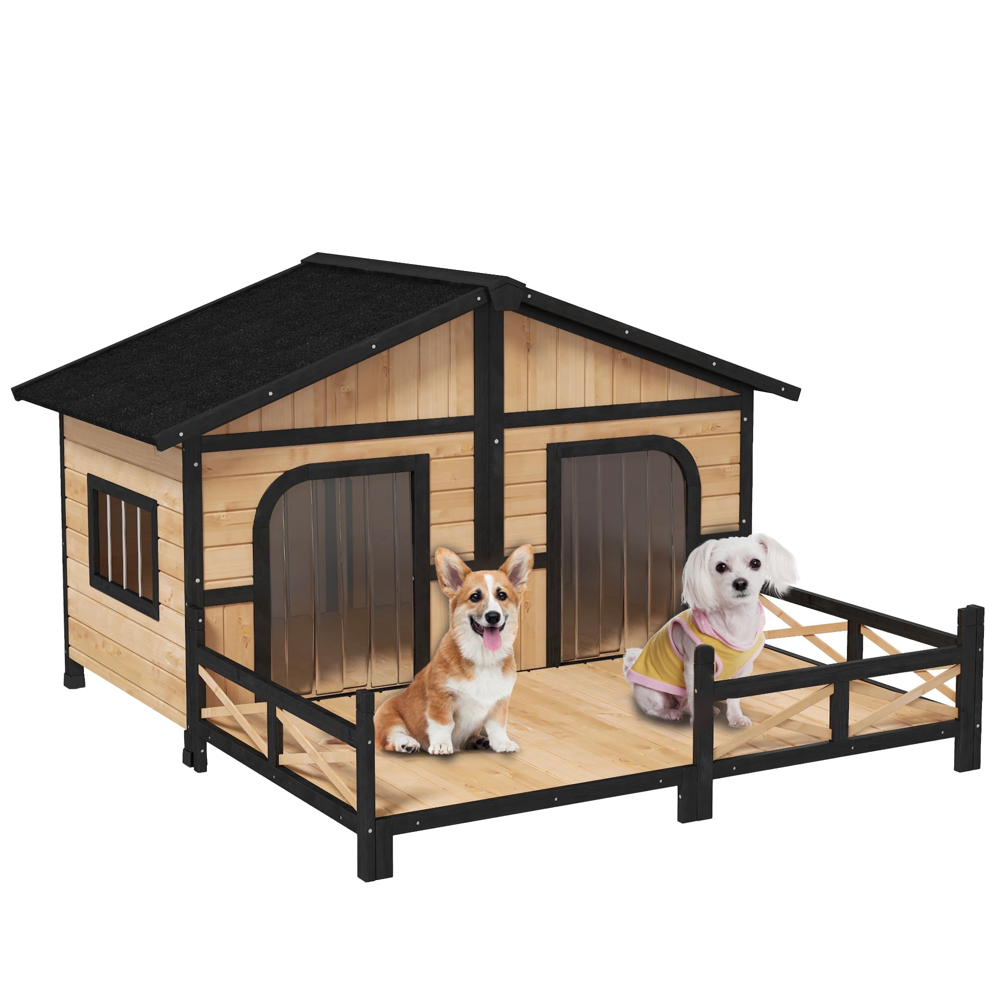 Pawhut Wooden Large Dog House Outdoor Double Xl Dog Kennel With Elevated Floor And Porch, Weatherproof Puppy Shelter For Small A