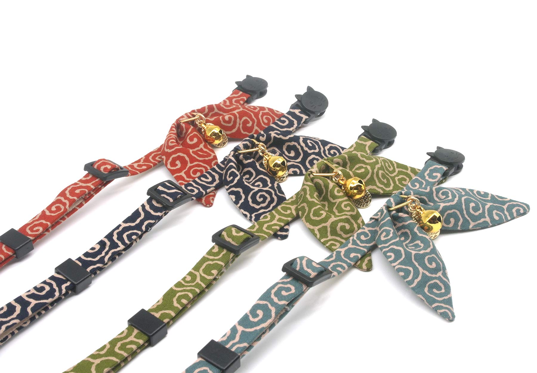 Petsokoo Bunny Ears Cat Collar, Japan Lucky ‘開三運’ Charm. Safety Breakaway Bowtie Kitten Collar With Bell, Navy Blue