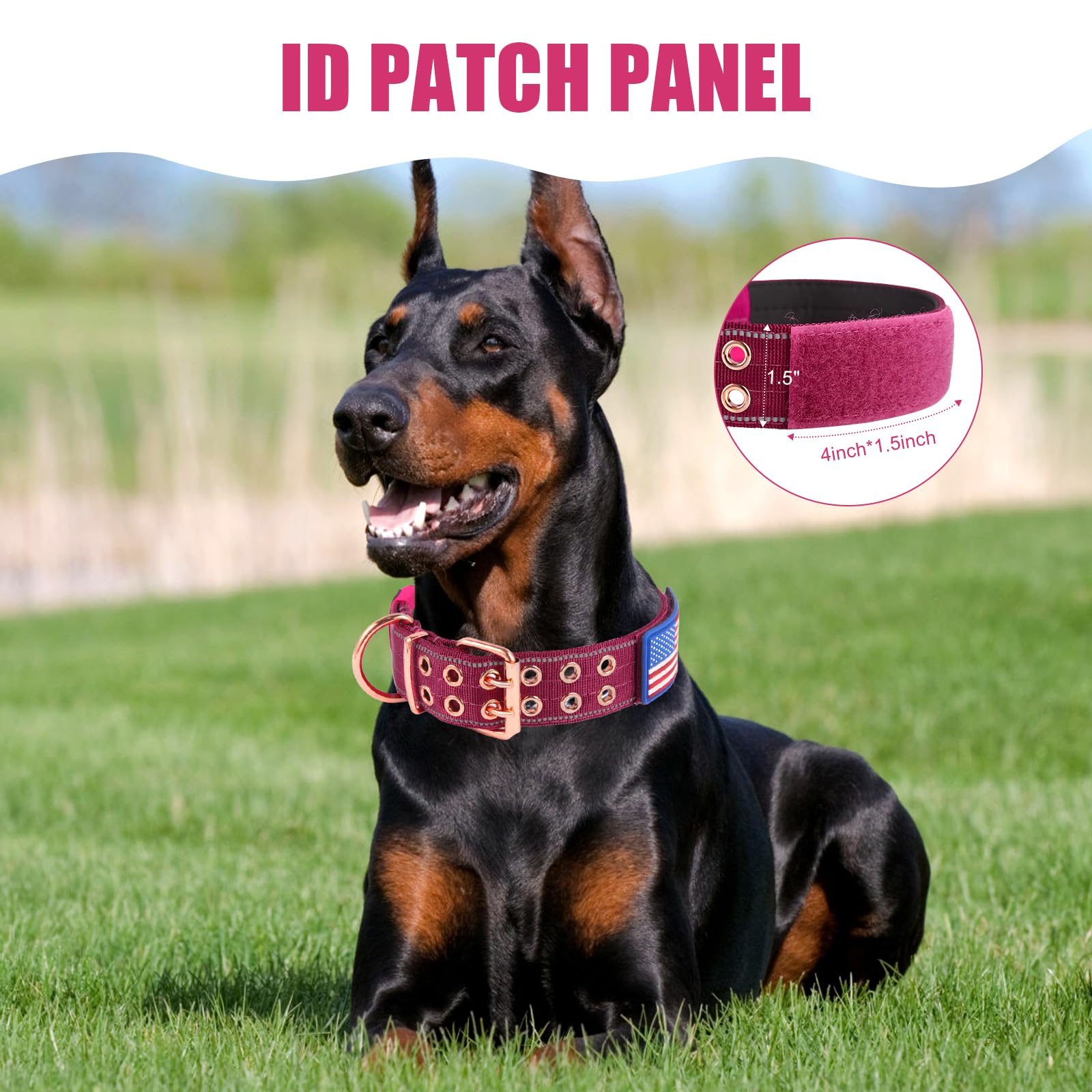 Yunleparks Heavy Duty Tactical Dog Collar With Neoprene Padded And Metal Buckle, Reflective Nylon For Medium To Large Dogs(Wine