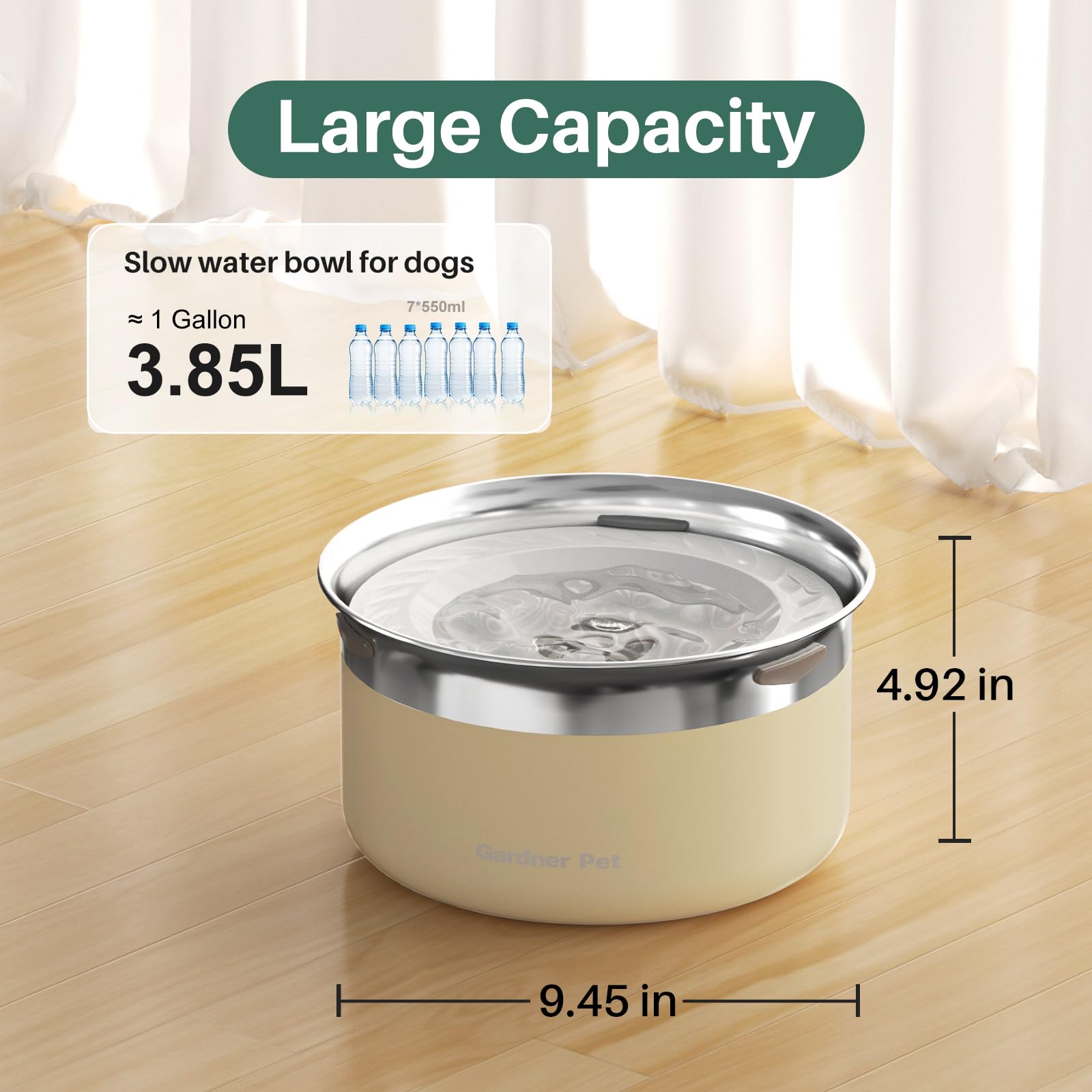 Gardner Pet Dog Bowls 1 Gallon (3.85L) Stainless Steel No Spill Water Bowl, Slow Water Feeder Metal Dog Bowls, Spill Proof Water