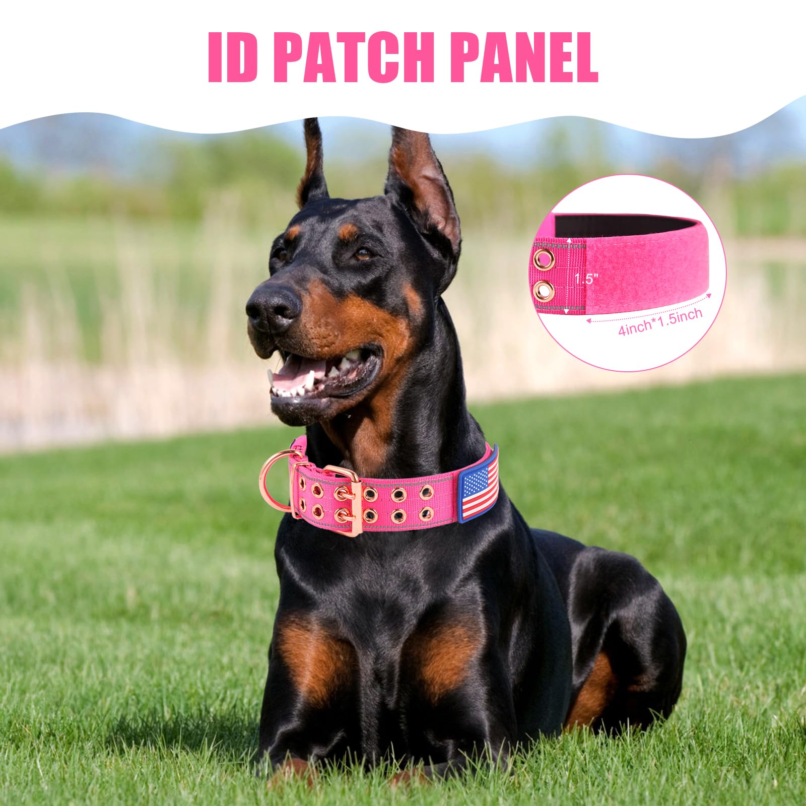 Yunleparks Heavy Duty Tactical Dog Collar With Neoprene Padded And Metal Buckle, Reflective Nylon For Medium To Large Dogs(Pink,