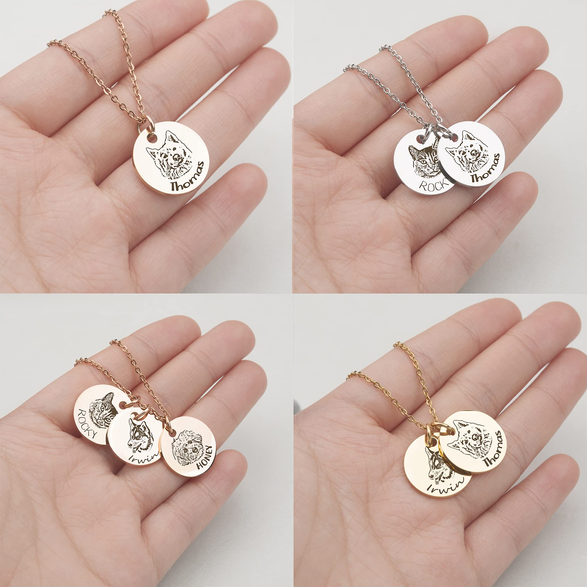 Anavia Personalized Pet Portrait Necklace, Handmade Dog Cat Memorial Jewelry Gift, Customized Round Disc Photo Engraved Necklace