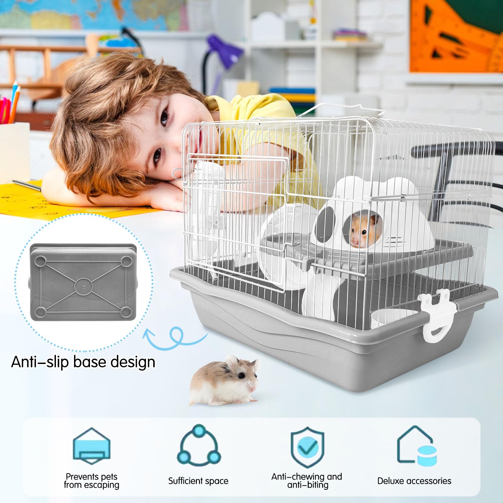 Pinvnby Dwarf Hamster Cage, Small Animal Cages, 2-Tier Travel Portable Mouse Cage Hamster Carrier With Castle House Running Exer