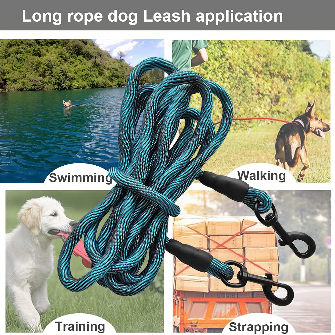 BTINESFUL 12ft Tie-Out Check Cord Dog Leash - Blue Black, Durable Recall Training Lead for Large, Medium & Small Dogs, Perfect for Camping & Backyard