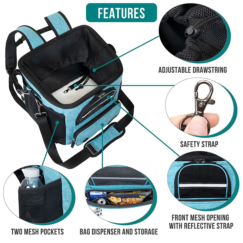 Petami Dog Bike Basket, Soft-Sided Ventilated Dog Bike Carrier Backpack, Dog Pet Bicycle Basket For Bike Handlebar, Small Medium Puppy Cat Kitten Car Booster Seat With Safety Strap (Teal Blue)