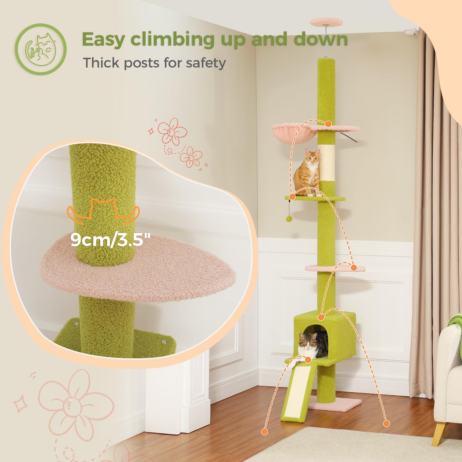 Pequlti Cat Tree Floor To Ceiling, Green Cat Tower, Adjustable Height (83''-108'') 5 Tiers Tall Climbing Tree For Indoor Cats Wi