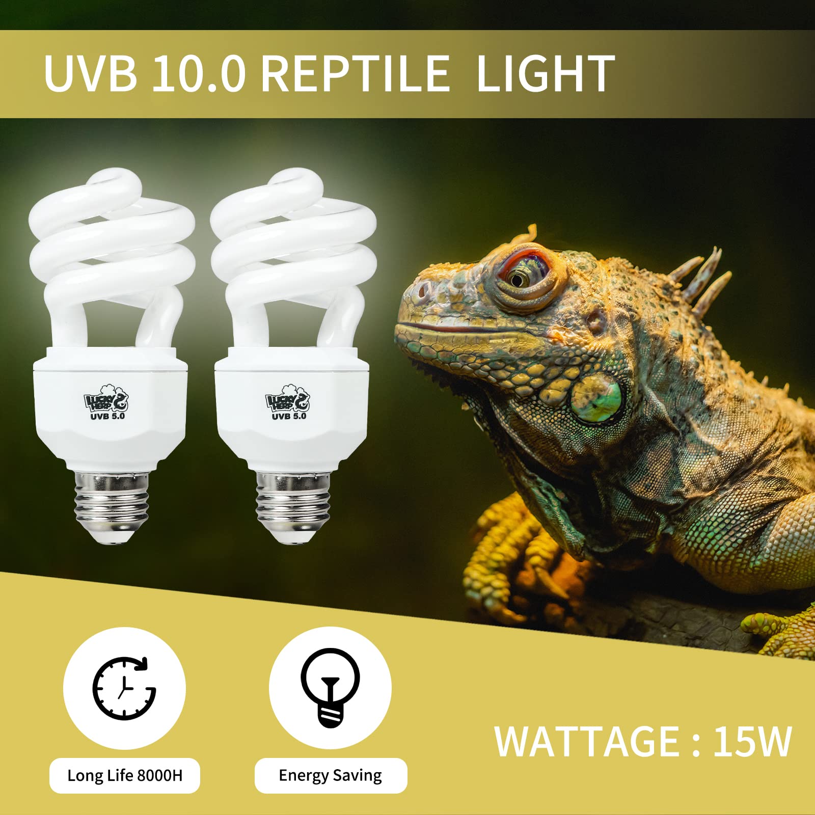 LUCKY HERP 2 Pack UVA UVB Reptile Light, 15W 10.0 UVB Bulb for Desert Reptiles, Compact Fluorescent Terrarium Lamp, Reptile UVB