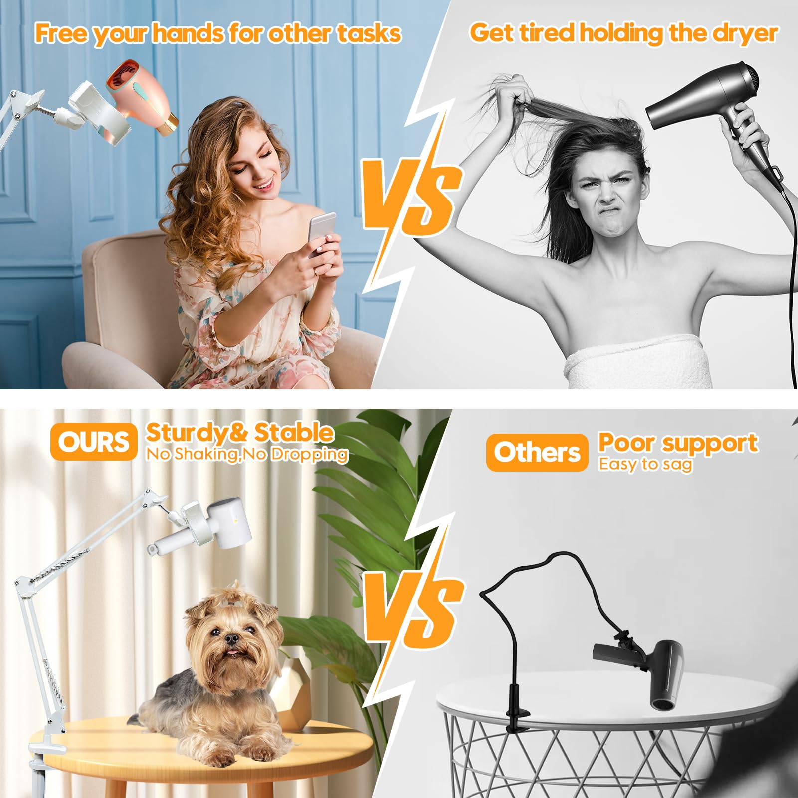 White Dog Hair Dryer Holder - 360 Rotating Hands-Free Stand With Adjustable Clamp For Blow Dryers,3-In-1 Holder For Pet Hair Dry