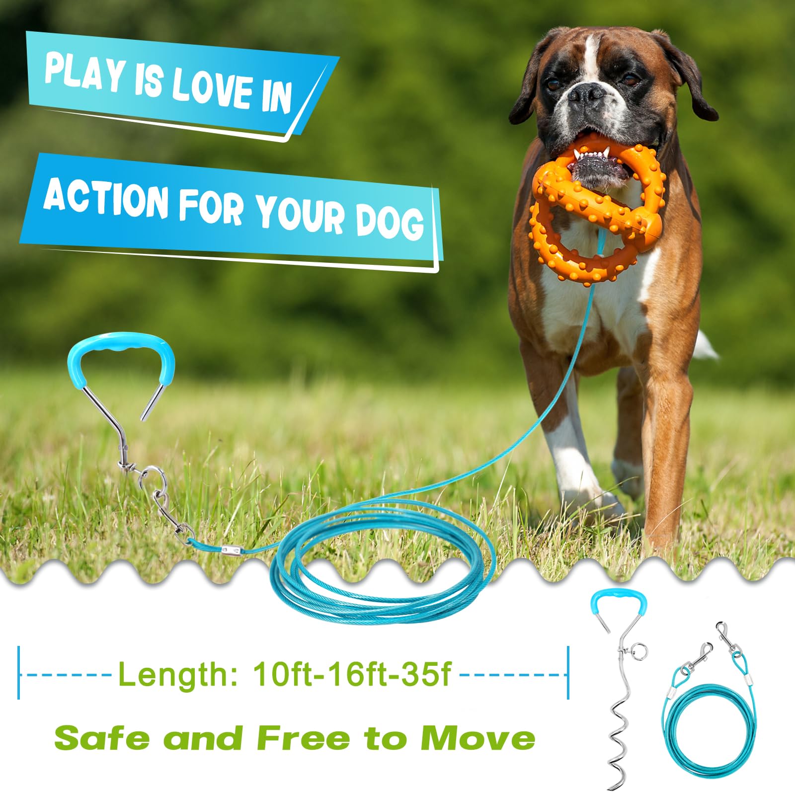 Supet Dog Tie Out Cable And Stake 32/16/10 Ft Outdoor, Yard And Camping, For Medium To Large Dogs Up To 125 Lbs, 16' Stake, 32/16/10 Ft Cable With Durable Spring And Metal Hooks For Outdoor