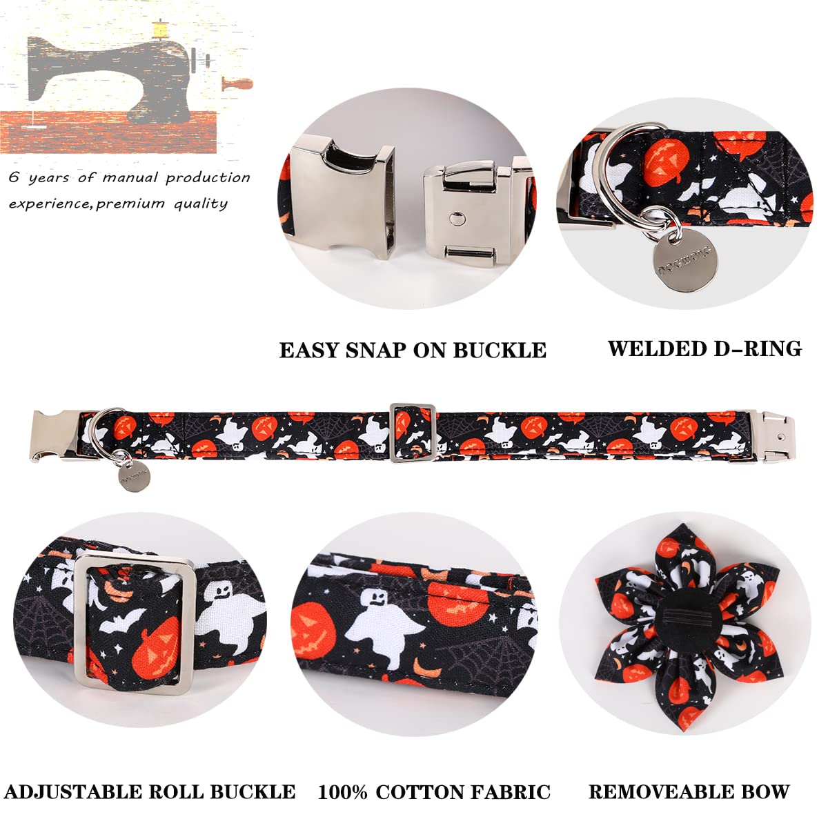 Dogwong Halloween Black Ghost Dog Collar - Removable Cute Flower Adjustable Pet Collars, Soft Comfy Halloween Themed Pet Collar, Fall Dog Collar For Small Medium Large Dogs