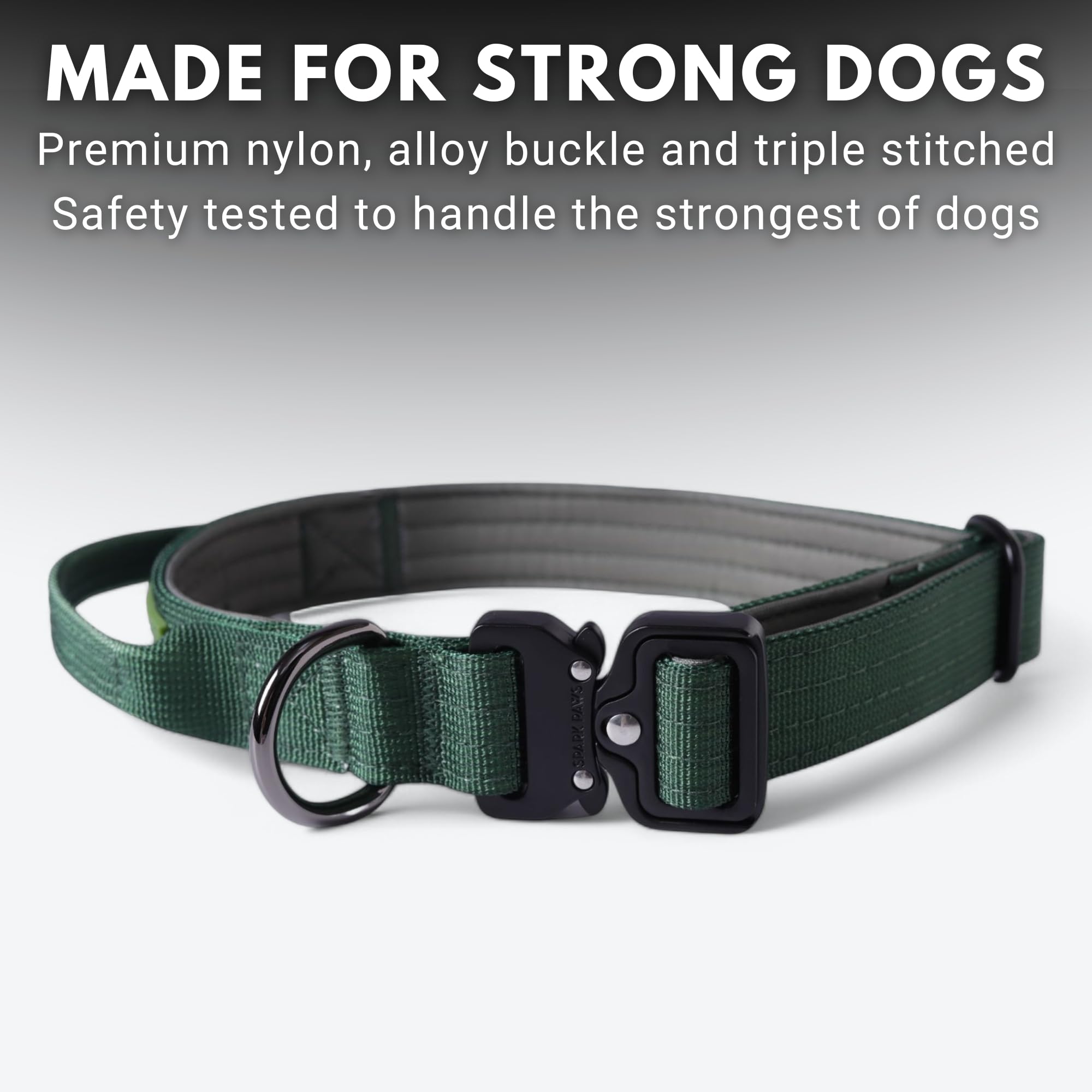 Spark Paws Tactical Dog Collar - Heavy Duty, Premium Quality, Thick And Durable For Large And Medium Dogs - Solid Green - Xs - 1