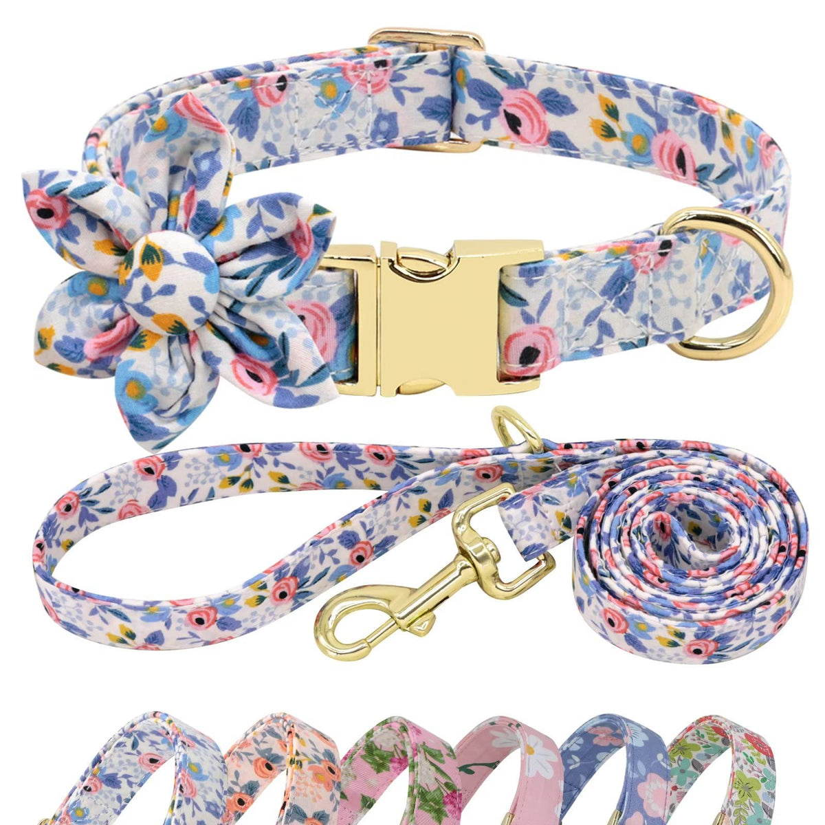 Beirui Cute Girl Dog Collar And Leash Set For Female Dogs- Floral Dog Collar With Flower For Small Medium Large Dogs Puppy, L:Neck 15-24', Leash 5Ft, Blue-1