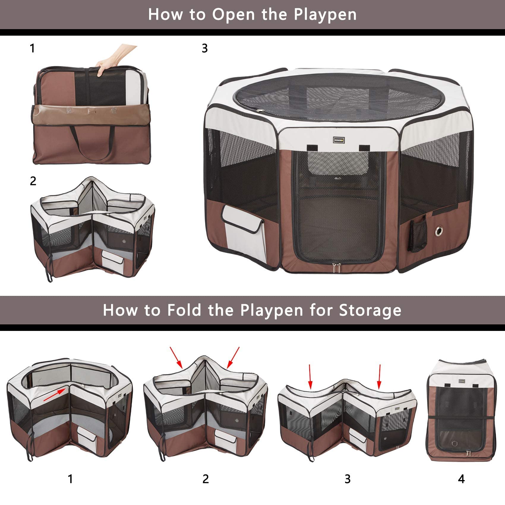 Donoro Dog Playpen 29' Portable Pet Play Pens For Small Dog/Cat/Rabbit/Chicks, Foldable Exercise Kennel Tent Crate Indoor/Outdoor Travel Camping, Removable Top/Bottom (Brown, Small (29'X29'X15'), 8)