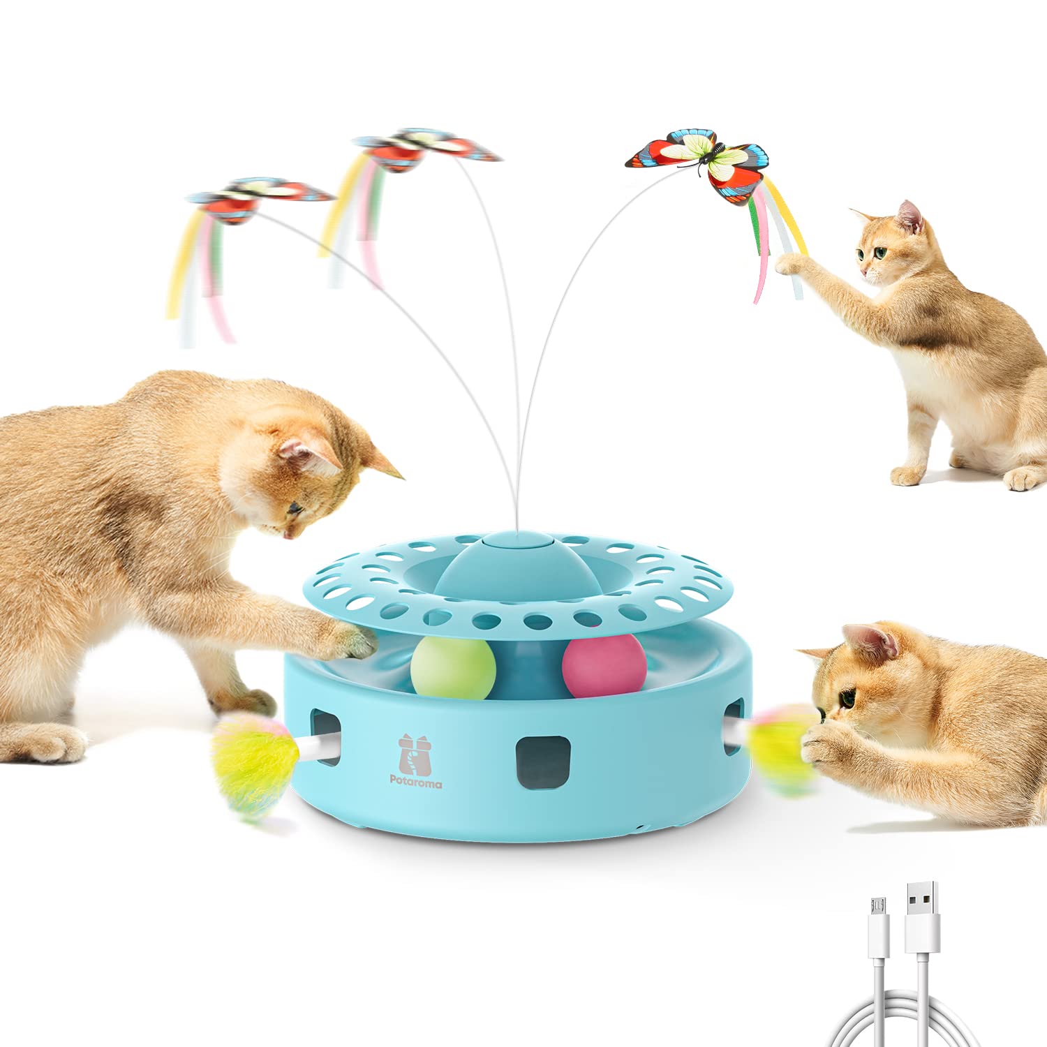 Potaroma Cat Toys 3-In-1 Automatic Interactive Kitten Toy, Fluttering Butterfly, Random Moving Ambush Feather, Track Balls, Dual
