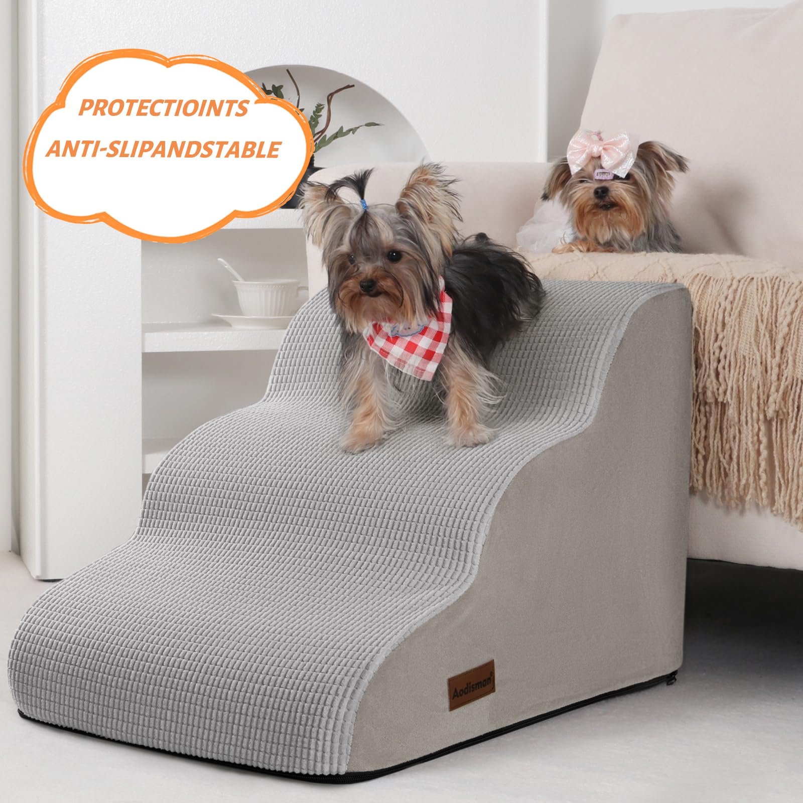 Aodisman 3-Step Dog Ramp and Stairs for Sofa and Chair - Non-Slip Sturdy Pet Steps for Small Dogs and Cats,15.7 H,Light Grey