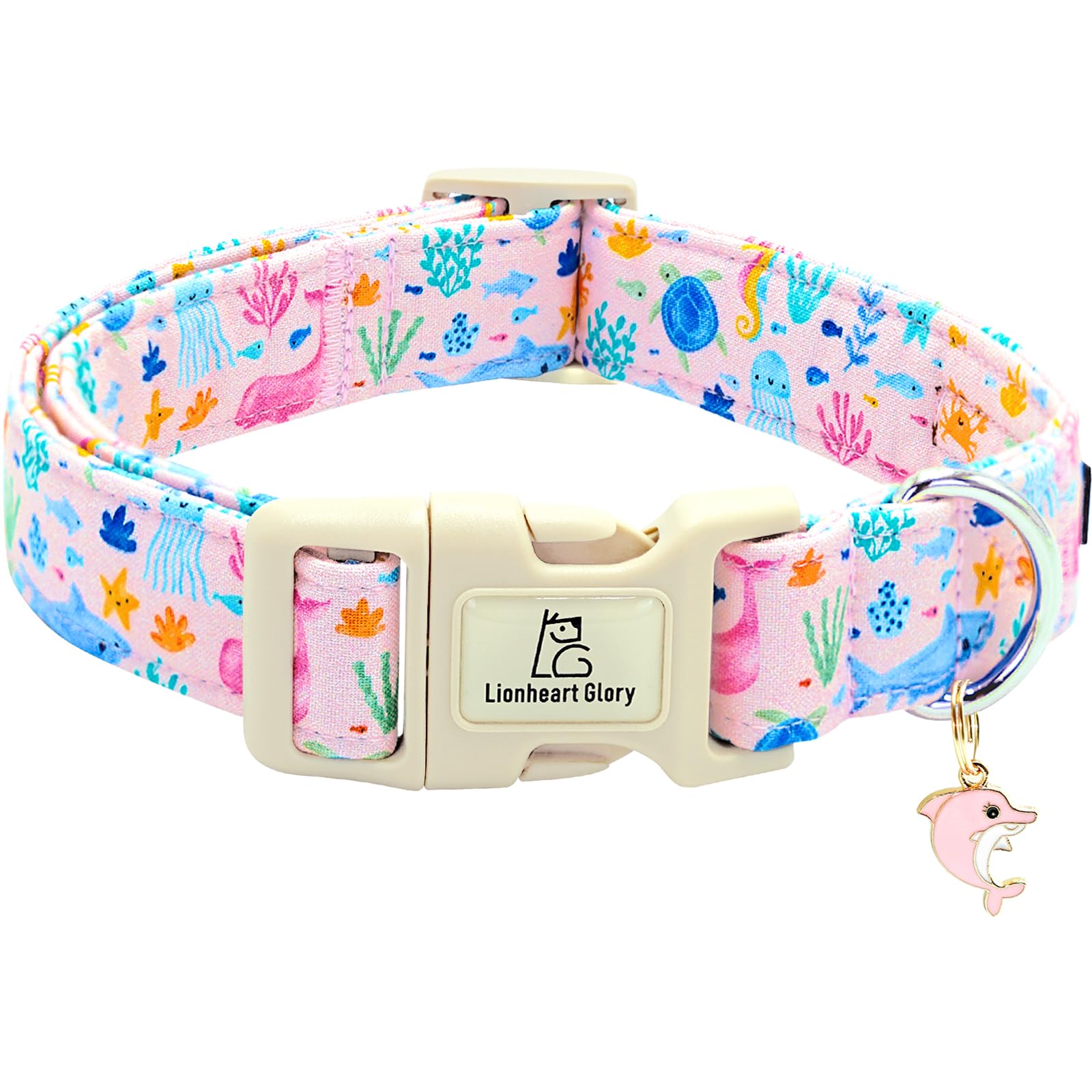 Lionheart Glory Dog Collar Sea Animals Print Pink Dog Collars Male Or Female Spring Summer Cute Collar Pet Gift Durable Adjustab