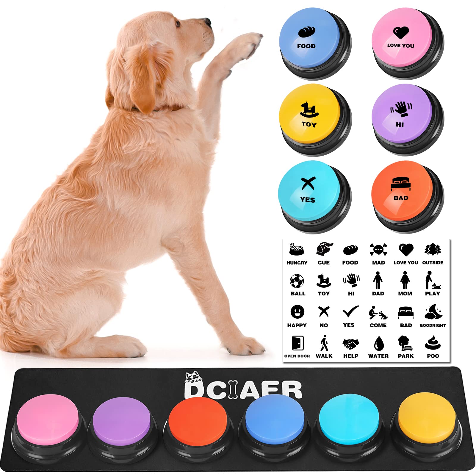 Dciaer Dog Buttons For Communication,Talking Buttons For Dogs,4 Recordable Sound Buttons + 24 Scene Patterns + 1 Dog Button Mat+