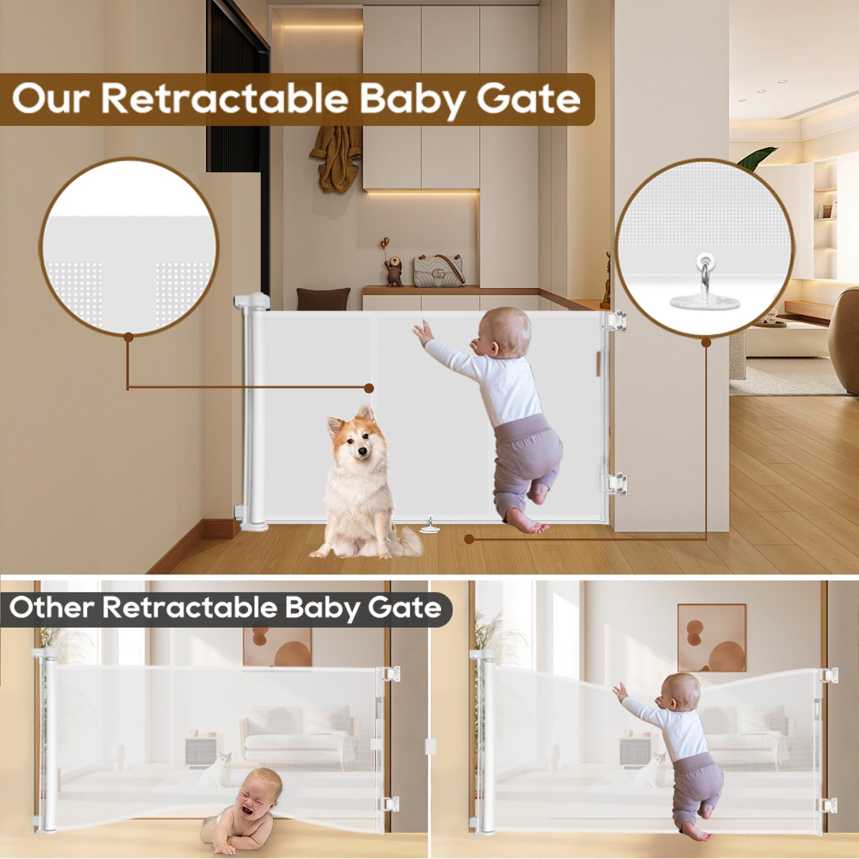 Miumoon Upgrade 71' Retractable Baby Gates With Reinforced Strip Design To Prevent Crawling Through, 42' Tall Retractable Gate For Baby And Pet, 6 Ft Baby Gates For Stairs, Doorways, Hallways(White)