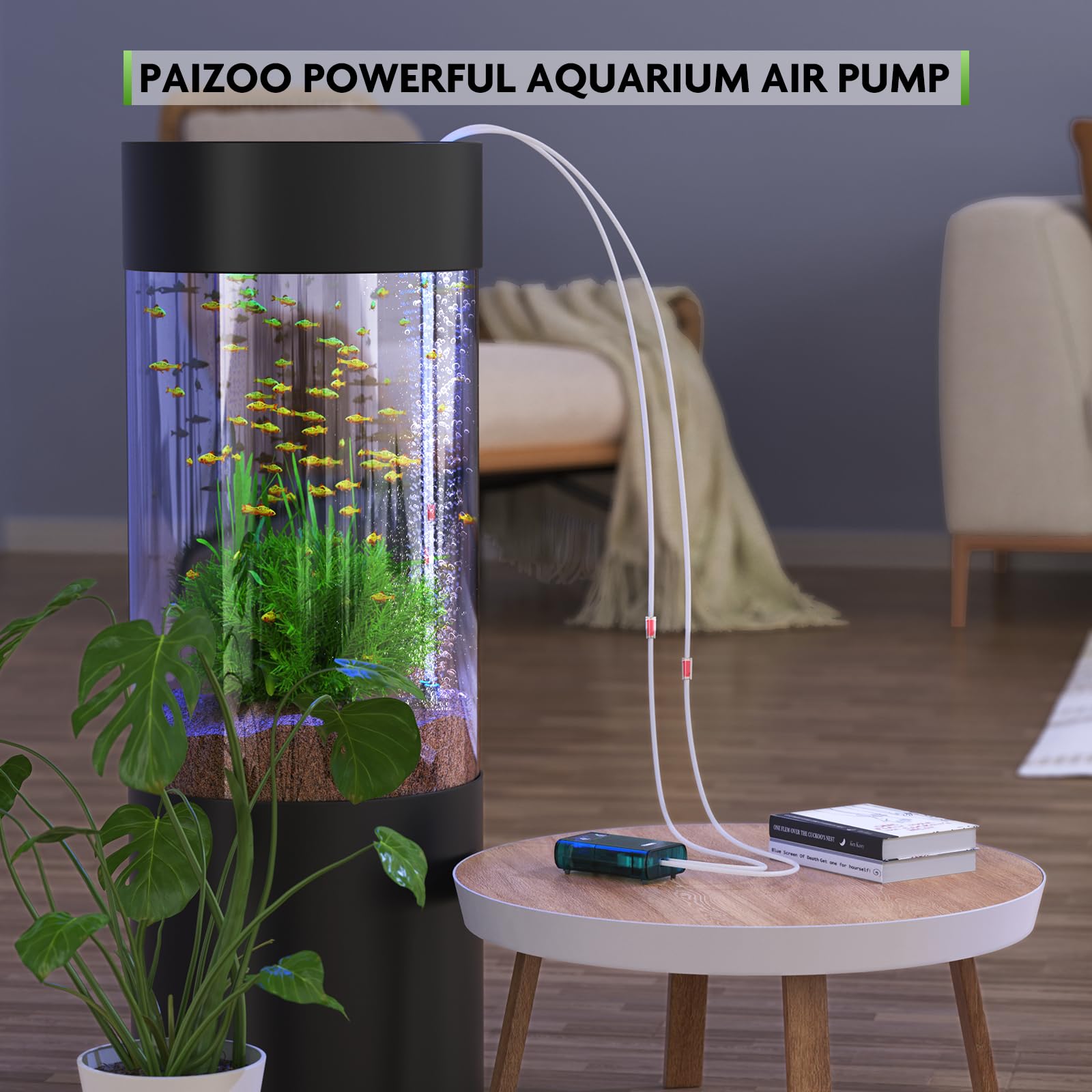 PAIZOO Aquarium Air Pump, Fish Tank Aerator Dual Outlets Battery Powered, Quiet Rechargeable Oxygen Pump with Accessories for 5-
