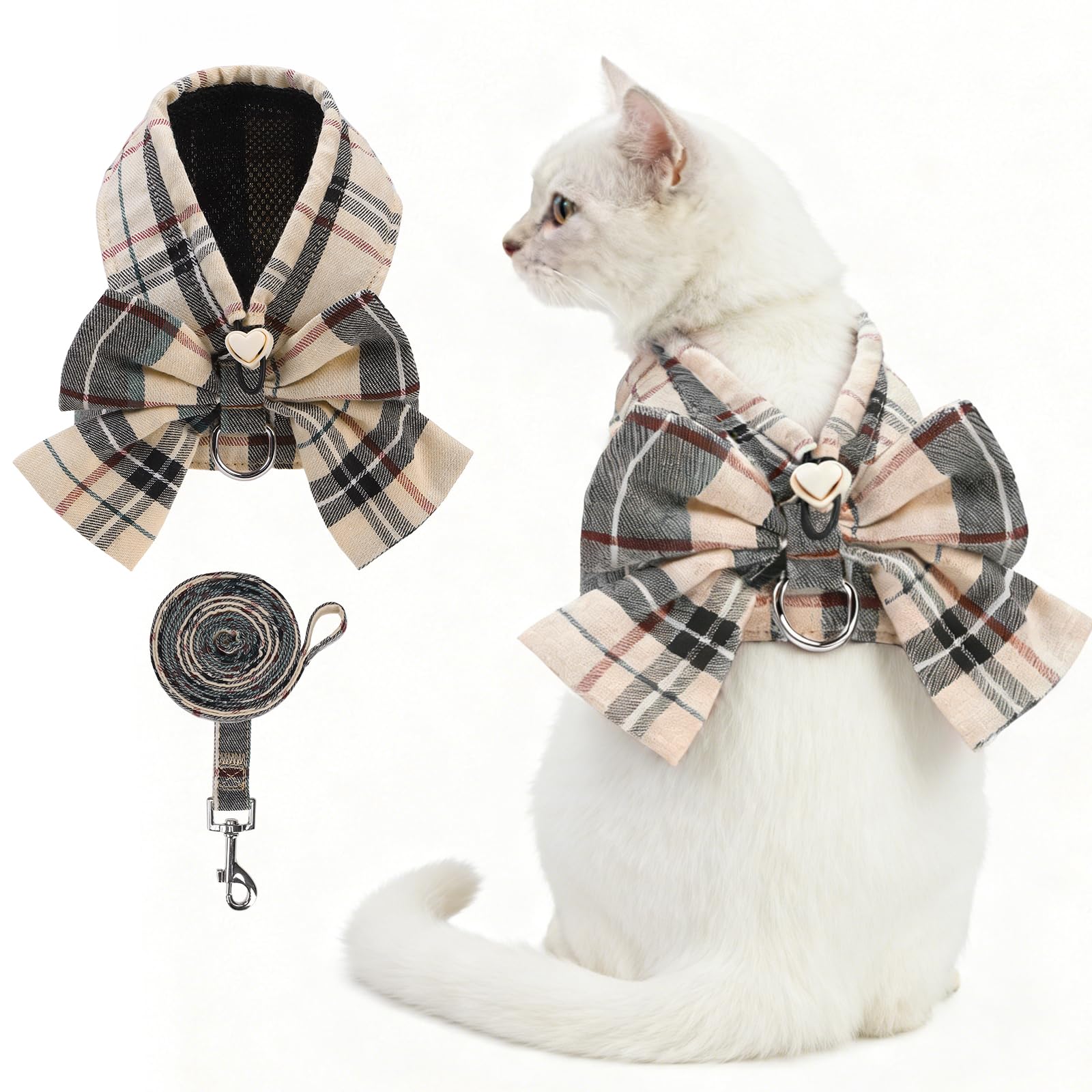 KOOLTAIL Cute Cat Harness and Leash Set with Bowtie, Small Dog Vest Harnesses, Step in No Pull Soft Mesh Padded Adjustable Plaid