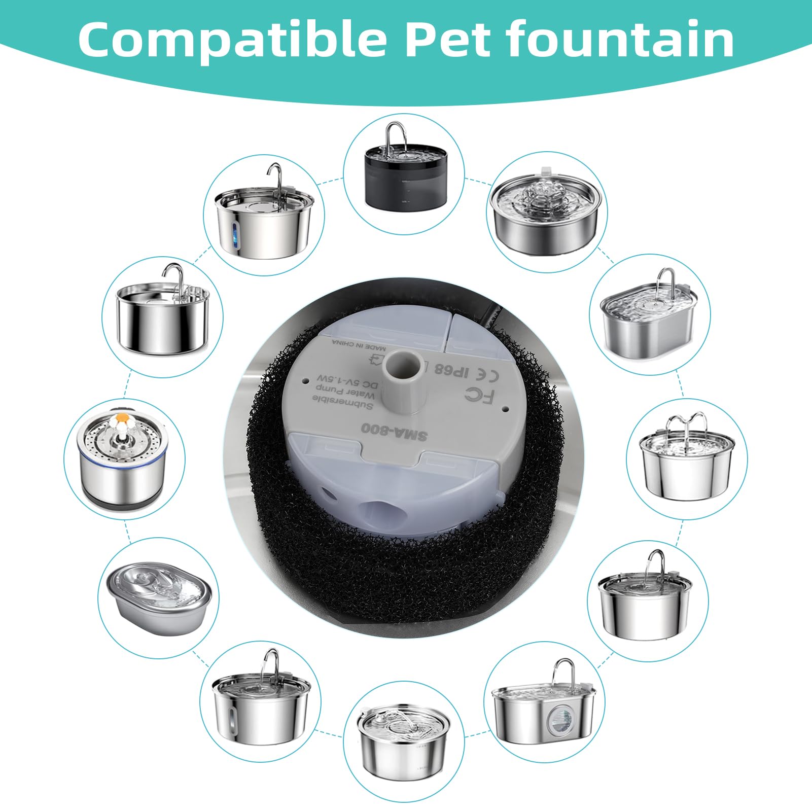 Ultra-Quiet Replacement Pump For Stainless Steel Cat Water Fountains - Sma-800 Motor - Safe And Easy To Clean With Low Voltage D