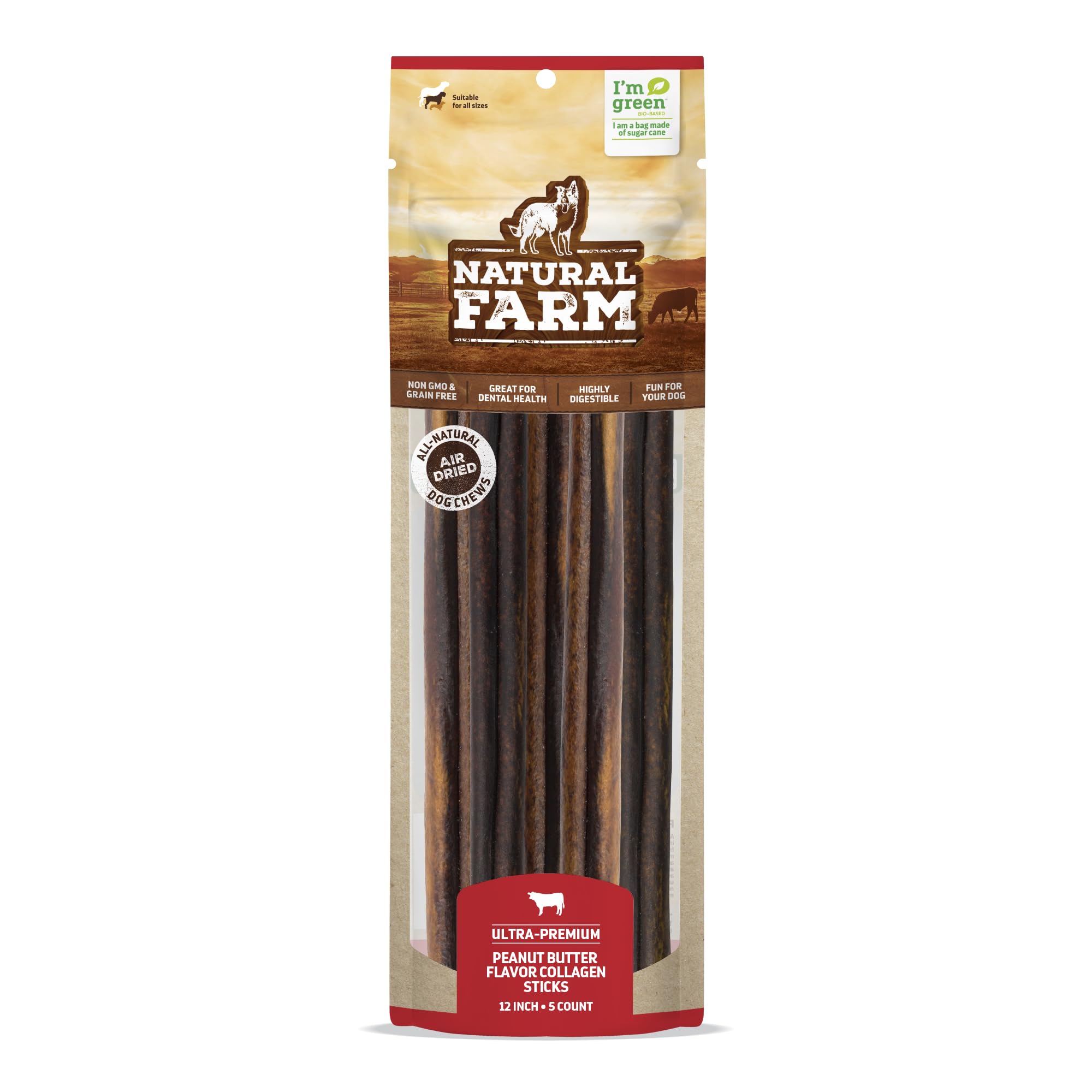 Natural Farm Peanut Butter Flavor Collagen Sticks for Dogs (12 Inch, 5 Pack), Long-Lasting Beef Collagen Sticks, Rawhide Alterna