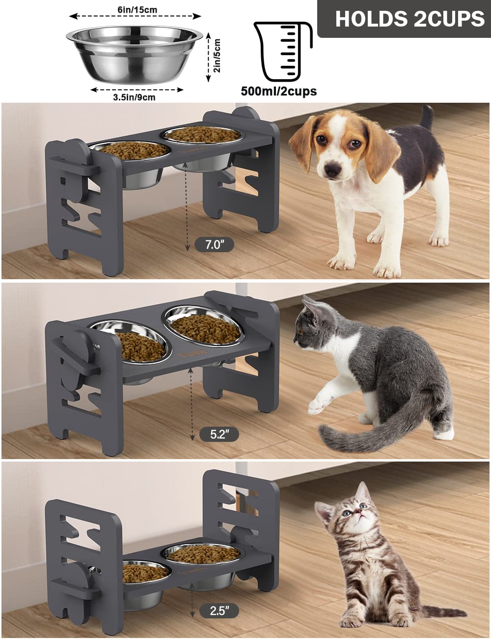 Vantic Elevated Dog Bowls, Adjustable Raised Dog Bowl Stand for Small Puppy and Cats, Sturdy Bamboo Pet Food Feeder with 2 Stain