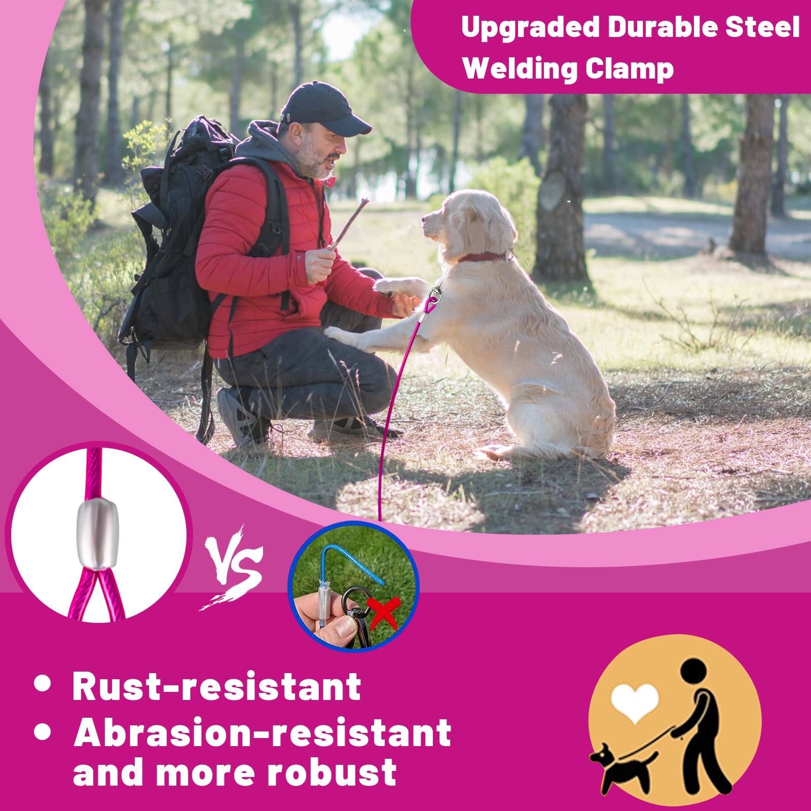 Haiyuan Dog Tie Out Cable 10/15/20/25/30 Ft Runner For Yard Steel Wire Cable With Durable Superior Clips Pink Chains For Outside