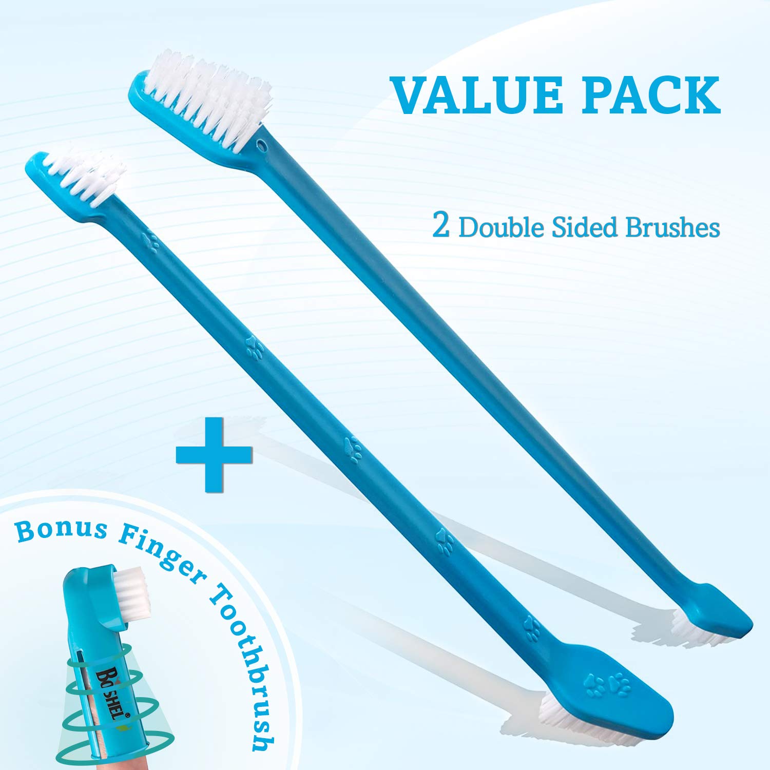 Boshel Dog Toothbrush Kit - 2 Dual Headed Dog Tooth Brush + 1 Dog Finger Toothbrush - Dog Tooth Brushing Kit - Cat Toothbrush -