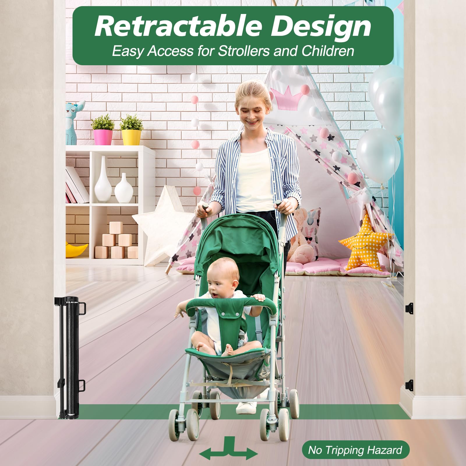 Reinforced 24 Inch Tall Retractable Baby Gates, Short Dog Gates to Step Over, Expands 0-55 Inches Wide, Mesh Pet Gate with Suppo