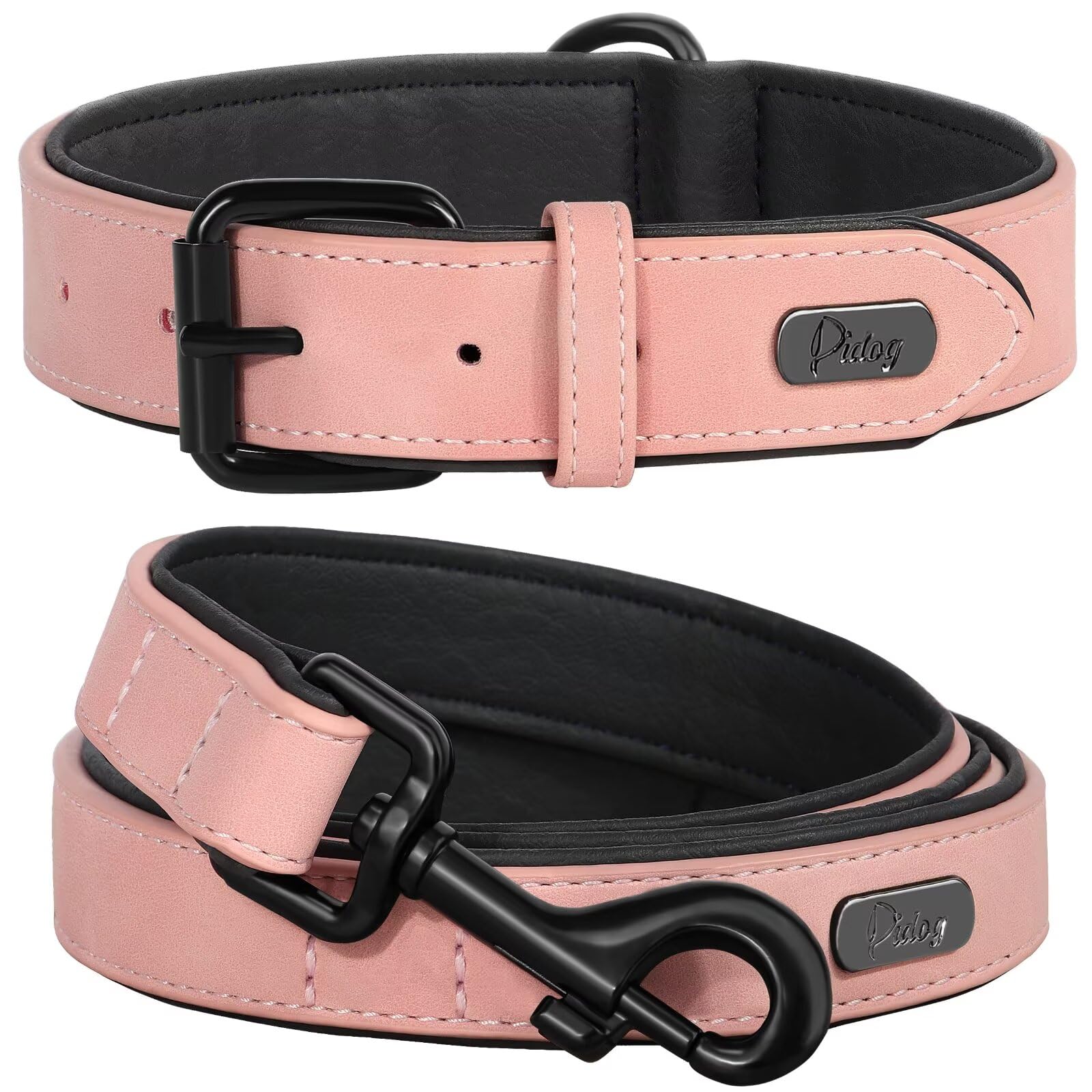 Didog Soft Padded Leather Dog Collar And Leash Set, Heavy Duty Pink Dog Leash And Collar Set With Metal Buckle, Breathable Dog C