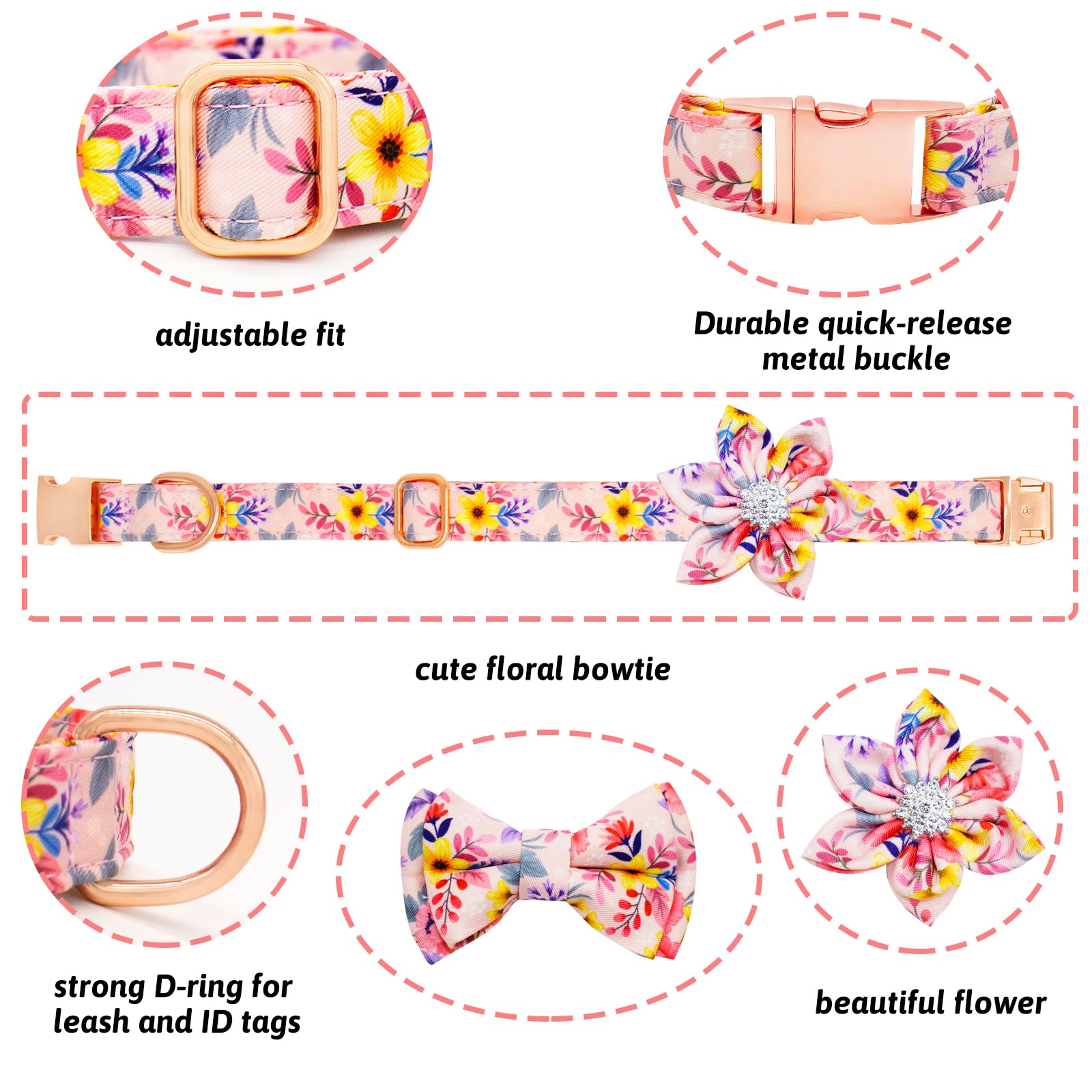 HSIGIO Dog Collar and Leash Set Girls Adjustable Puppy Collars with Floral Bow Tie for Small Medium Large Female Dogs, Pink Flow
