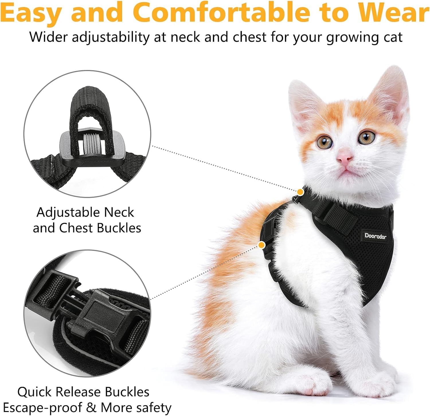 Dooradar Cat Harness And Leash Set, Escape Proof Safe Adjustable Kitten Vest Harnesses For Walking, Easy Control Soft Breathable