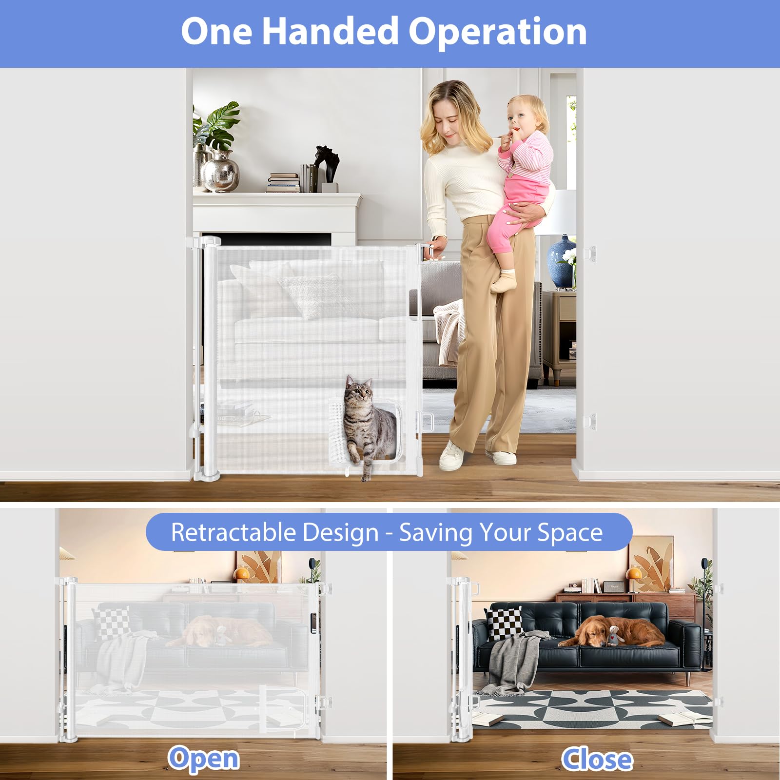 Retractable Baby Gate with Cat Door 55 Wide Retractable Baby Gate for Stairs Mesh Baby Gate with Pet Door Retractable Dog Gate f