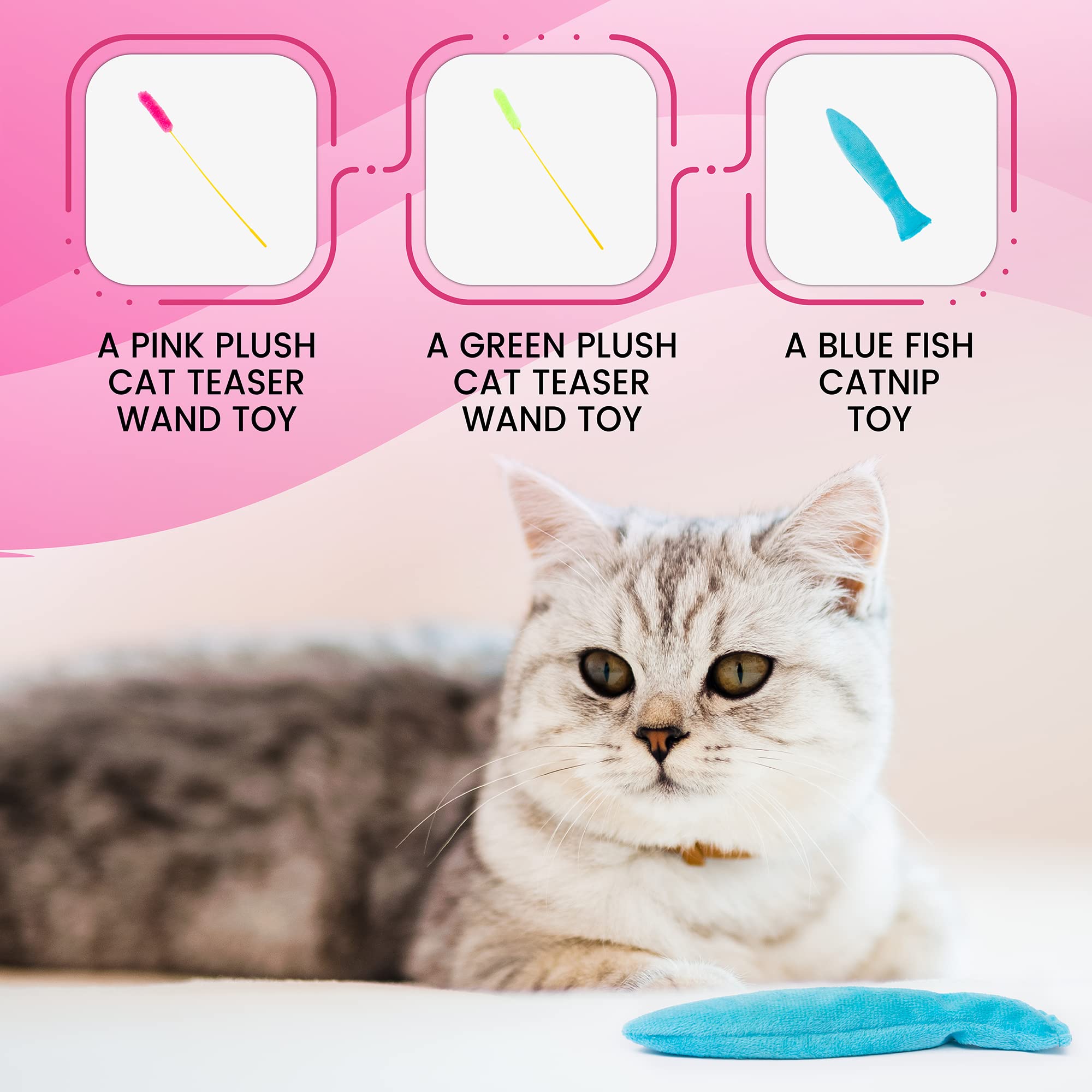 Alabongcat, Interactive Catnip Cat Toy, A Blue Fish Catnip Toy (Filled With Natural Catnip) And Pink & Green Cat Teaser Wand Toy