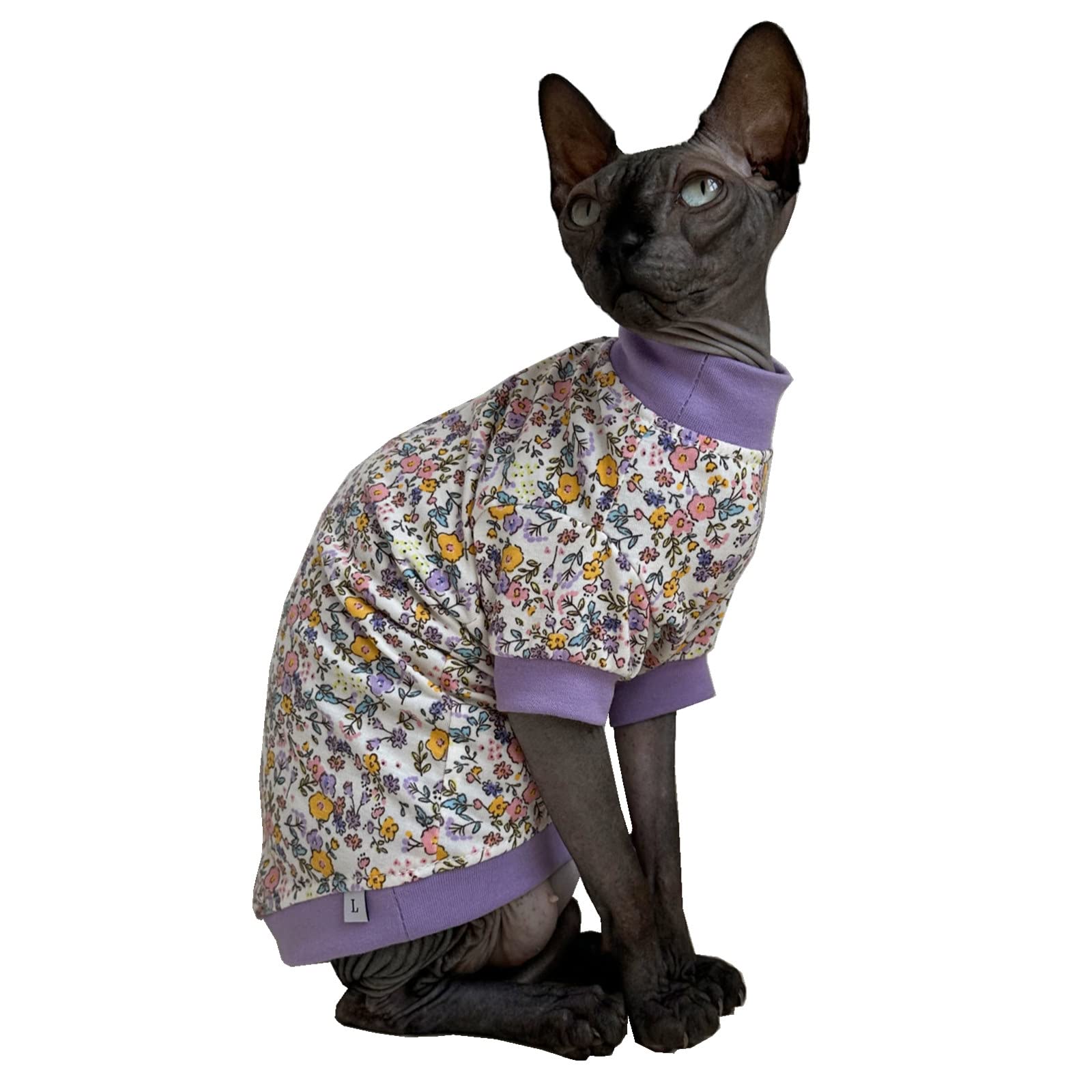 Sphynx Hairless Cat Cute Summer Cotton T-Shirts Pet Clothes,Round Collar Kitten Shirts Cats Apparel (Flor Do Campo, X-Large (Pac