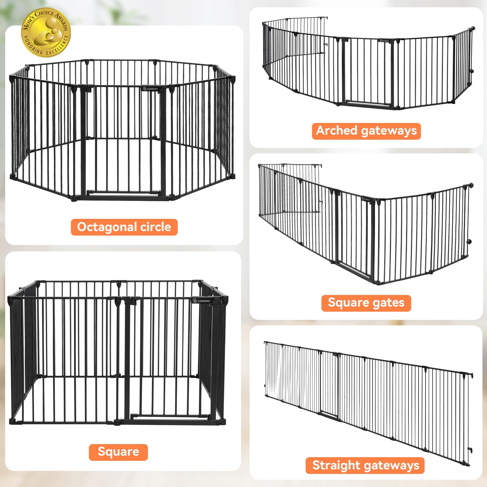 COMOMY 198 Baby Gate Extra Wide, Dog Gate Pet Gate for House Stairs Doorways Fireplace, 3 in 1 Play Yard Child Safety Gate, Auto