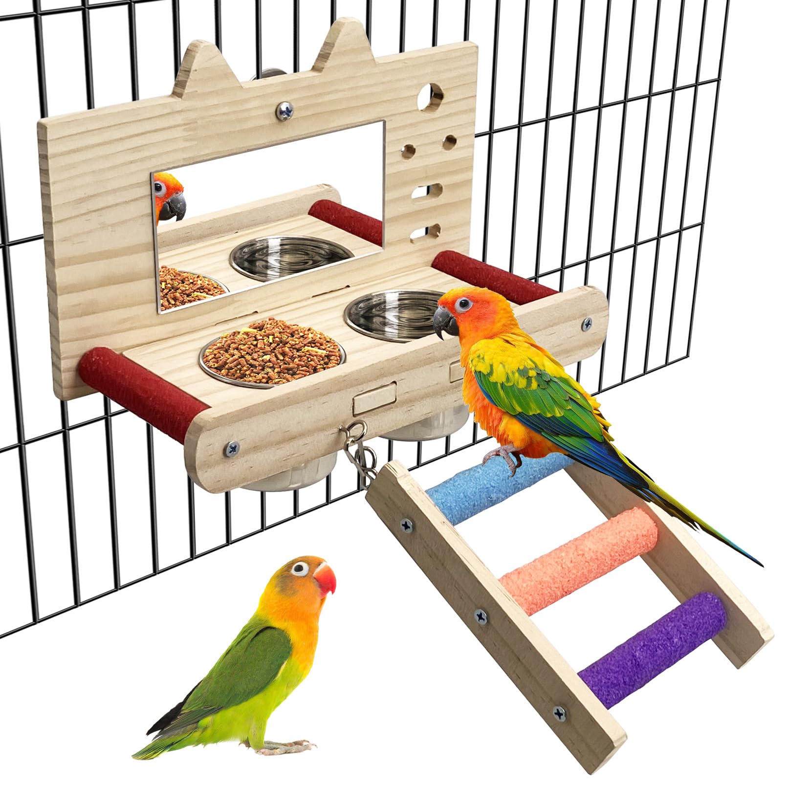 Tfwadmx Bird Food Stainless Steel Cups Wooden Perch Stand with Ladder Hanging Feeder Bowls Feeding and Watering Supplies for Par