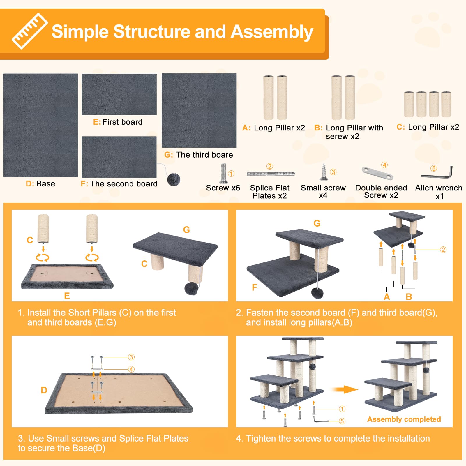 Socater Dog Stairs, Cat Scratching Post 3 Steps Stairs For Cats And Dogs, Stable 20 Inch Pet Stairs For High Beds & Sofas Protec