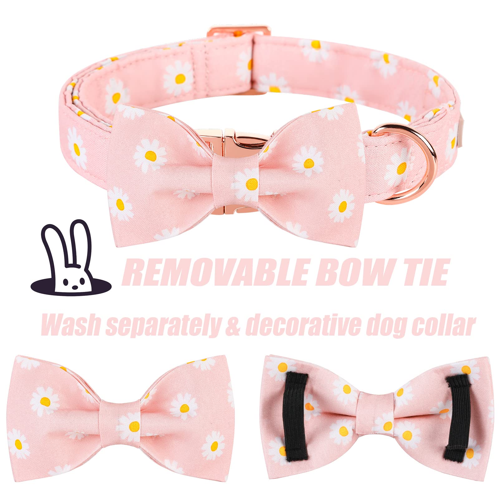 Babole Pet Dog Collar With Pink Daisy Bow Tie,Cotton Dog Collar With Safety Metal Buckle Adjustable Puppy Collars For Small Medium Large Boy&Girl Dog,Small,Neck 10'-16'