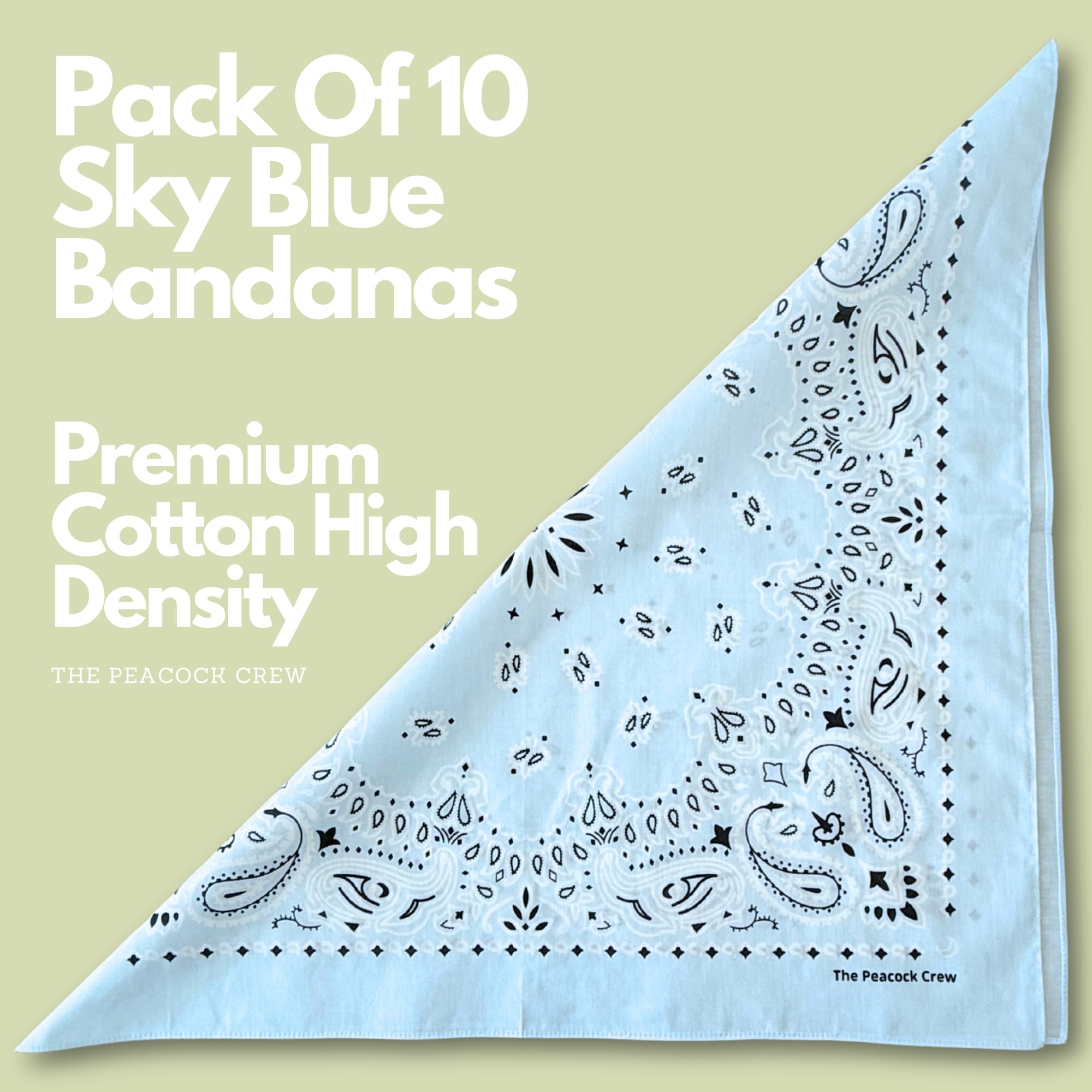 The Peacock Crew Sky Blue Cotton Bandanas - 10 Pack, Premium Soft Fabric for Men & Women, Model 48